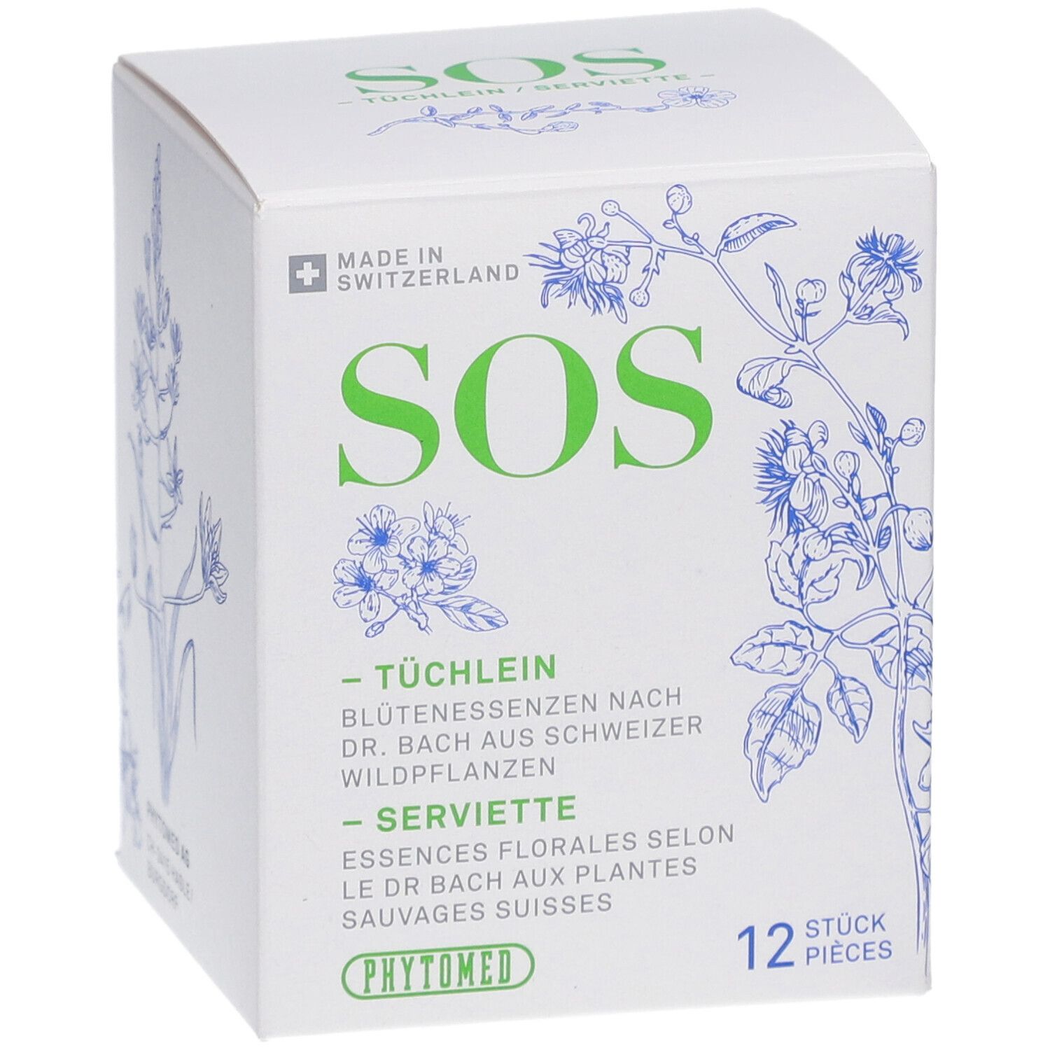 Boîte blanche avec texte vert SOS et illustrations florales. 12 pièces. Logo PhytoMed.