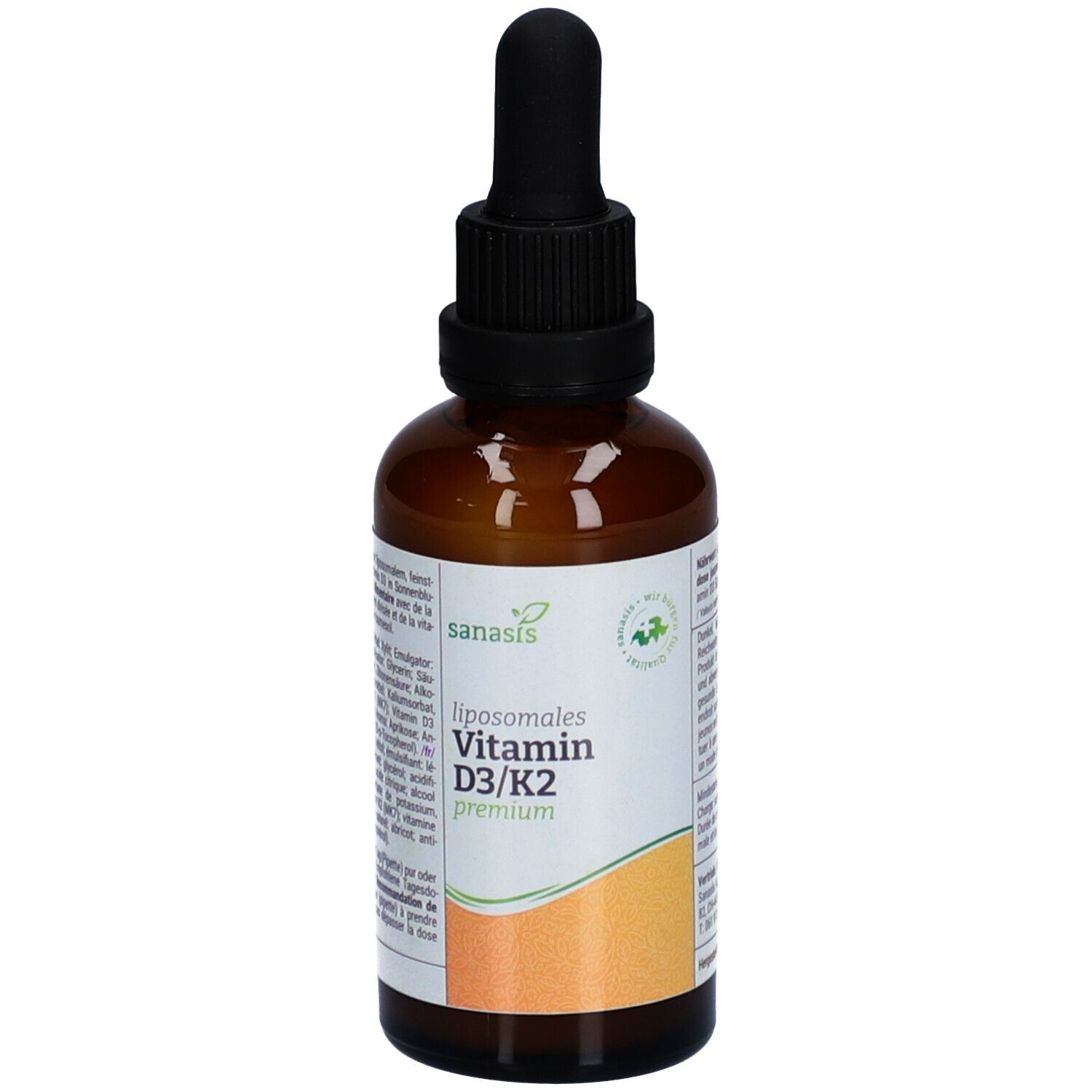 Flacon en verre brun avec bouchon noir et pipette. Étiquette avec nom du produit: SANASIS Vitamine D3/K2 premium. Label vegan.
