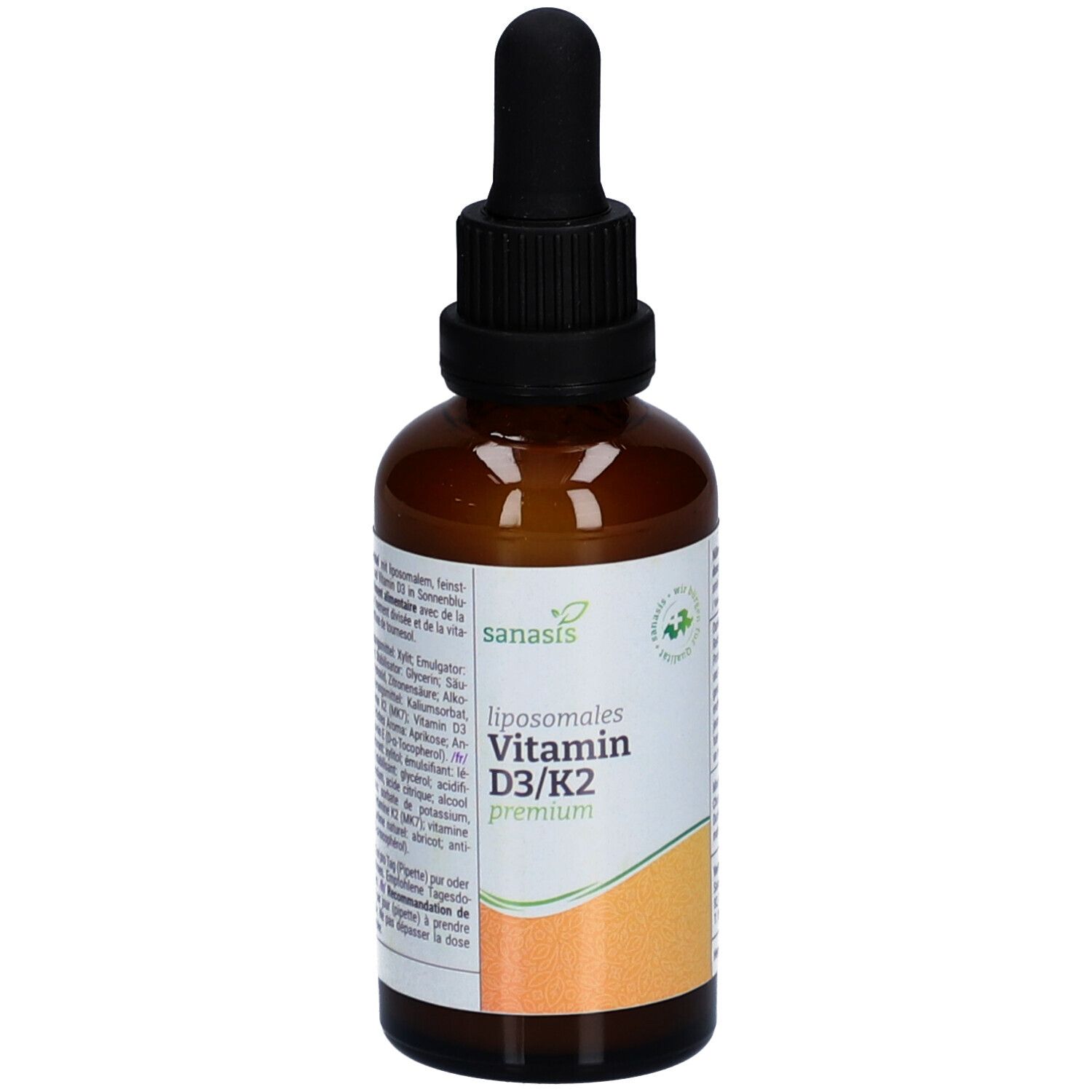 Flacon en verre brun avec bouchon noir et pipette. Étiquette avec nom du produit: SANASIS Vitamine D3/K2 premium. Label vegan.