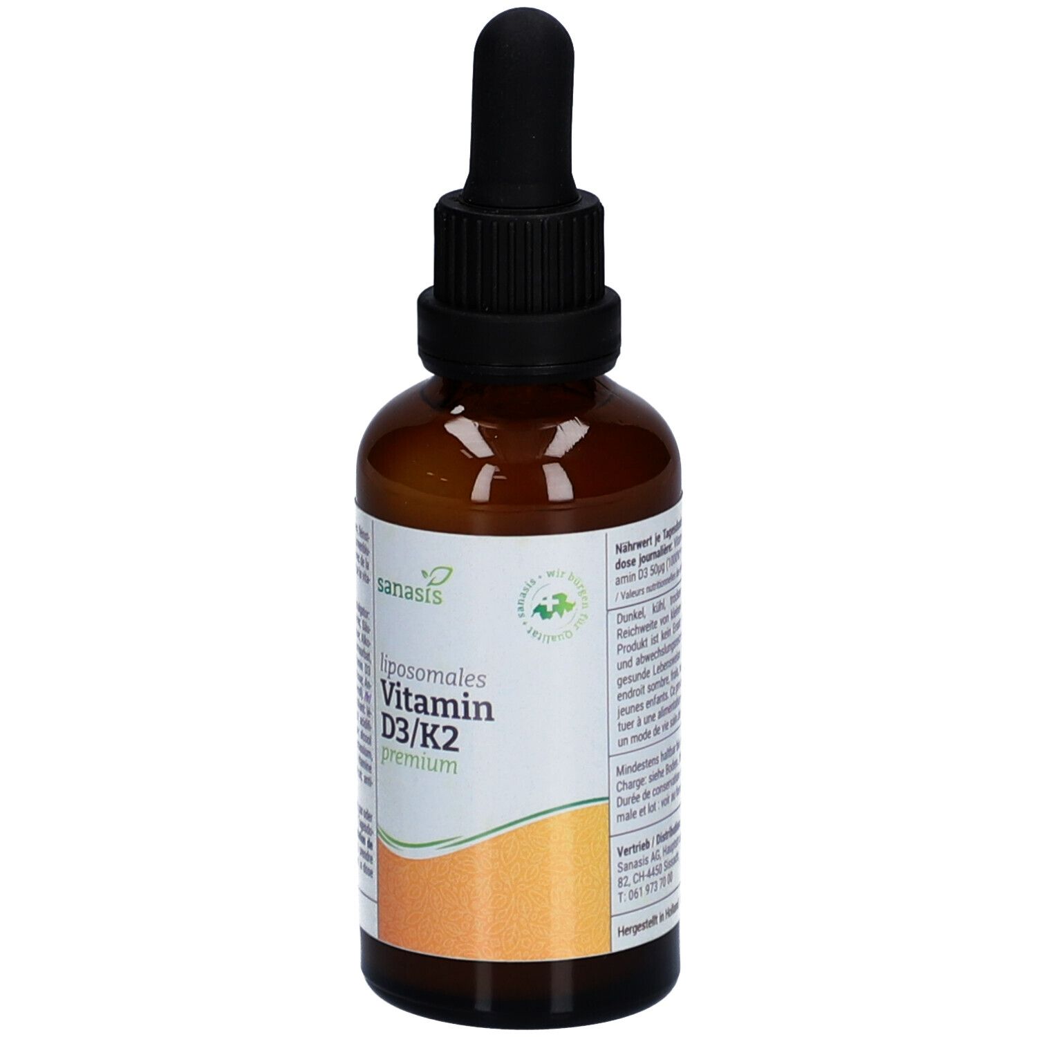 Flacon en verre brun avec bouchon noir et pipette. Étiquette avec nom du produit: SANASIS Vitamine D3/K2 premium. Label vegan.