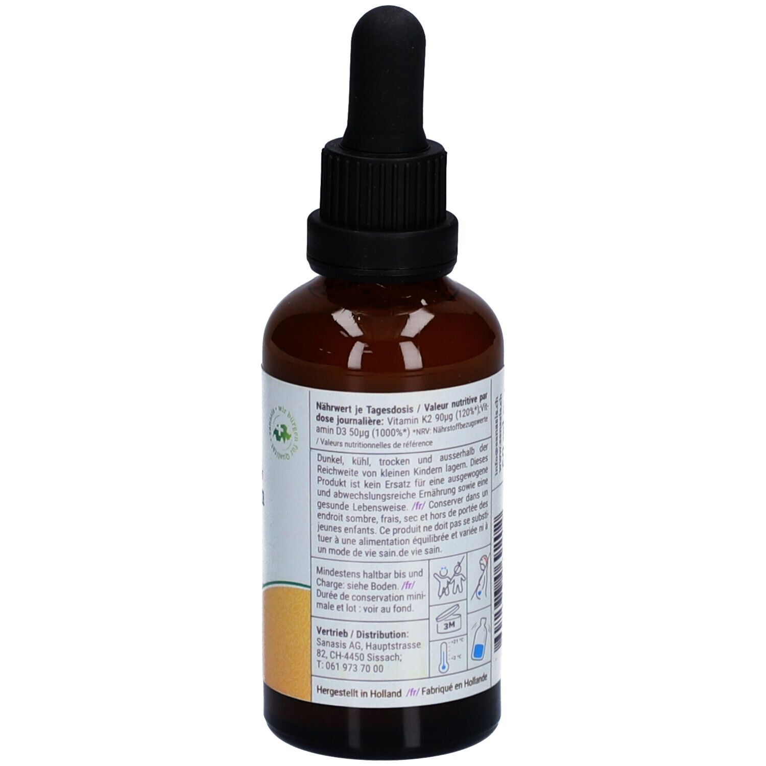 Flacon en verre brun avec bouchon noir et pipette. Étiquette avec informations nutritionnelles et avertissements. Label vegan.