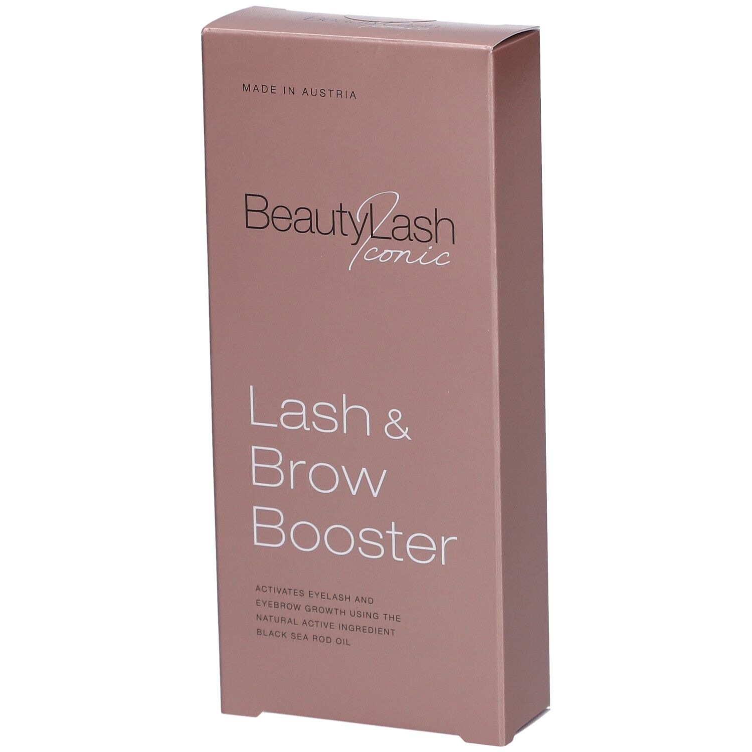 Boîte rose avec texte "BeautyLash iconic Lash & Brow Booster". Fabriqué en Autriche.