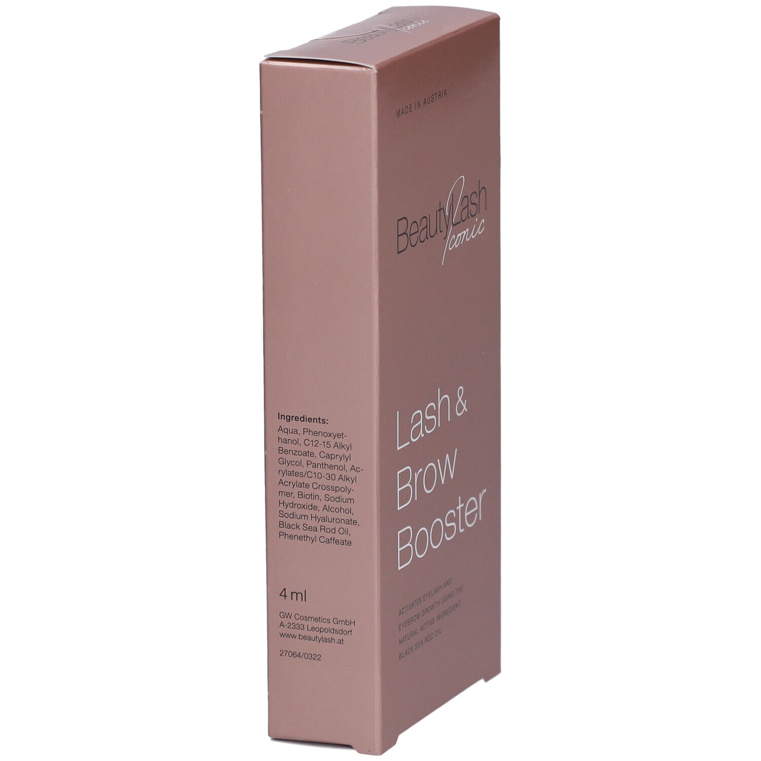 Boîte rose avec ingrédients et texte "BeautyLash iconic Lash & Brow Booster". 4 ml.
