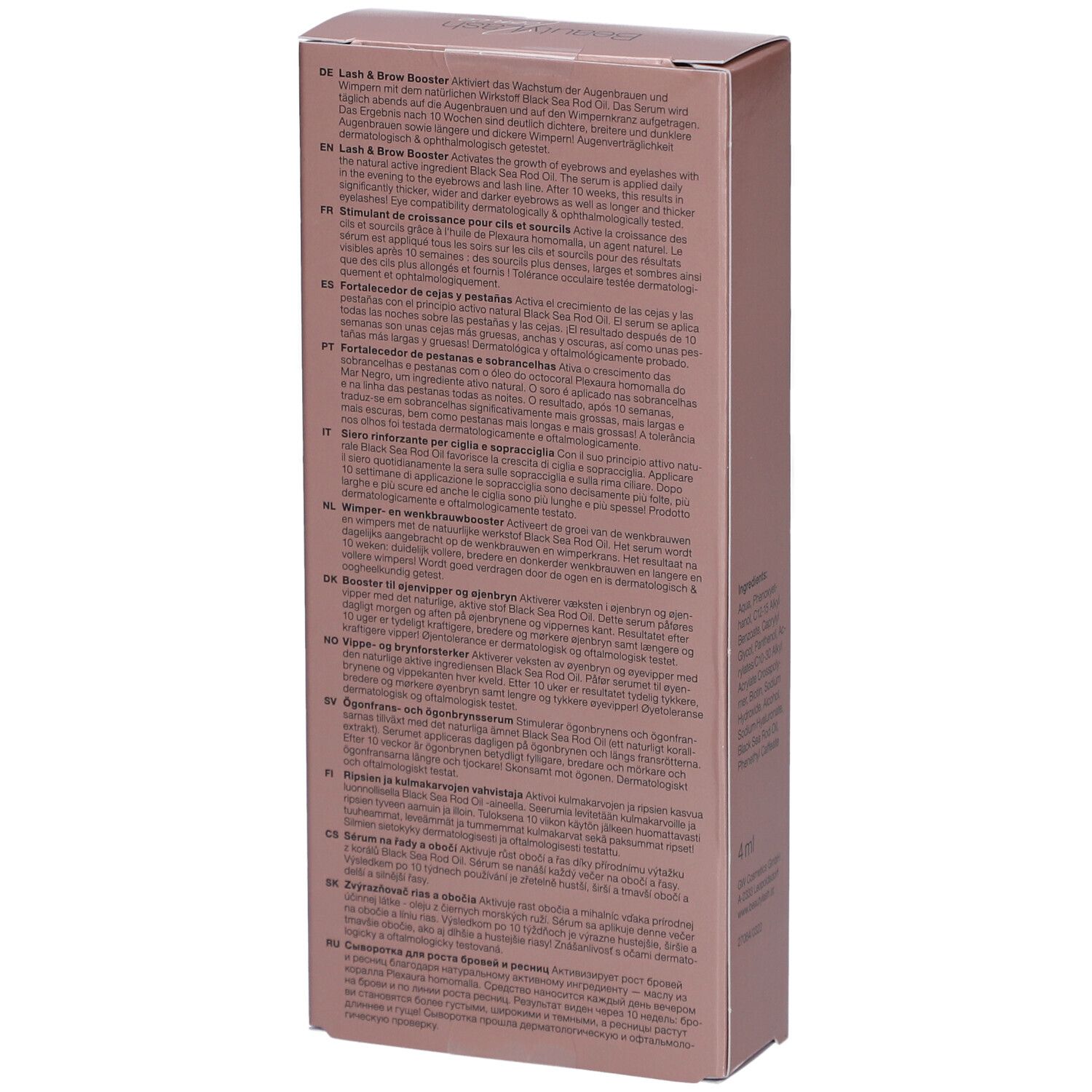 Boîte rose avec texte multilingue. "BeautyLash iconic Lash & Brow Booster".