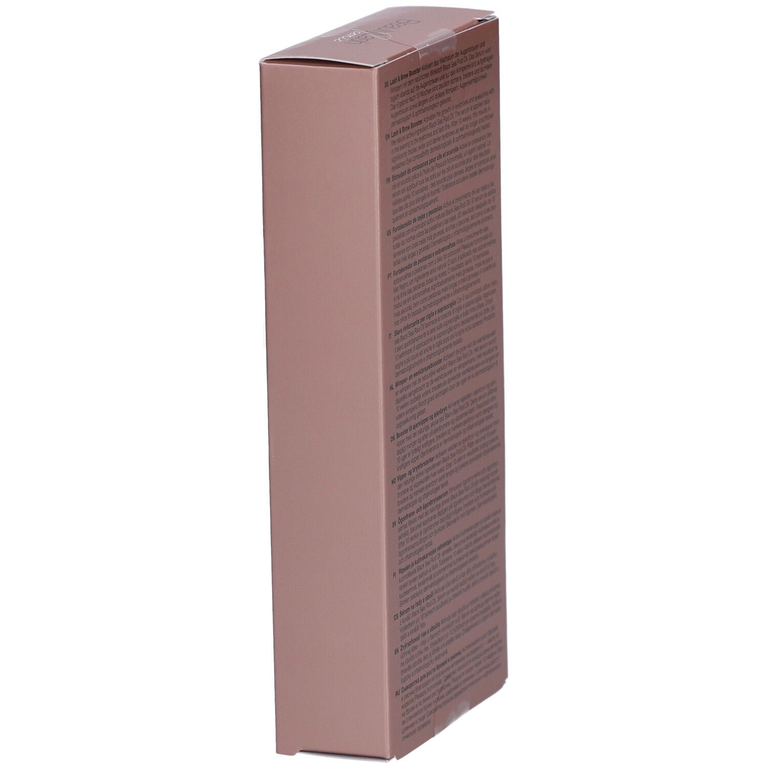 Boîte rose avec texte multilingue. "BeautyLash iconic Lash & Brow Booster".