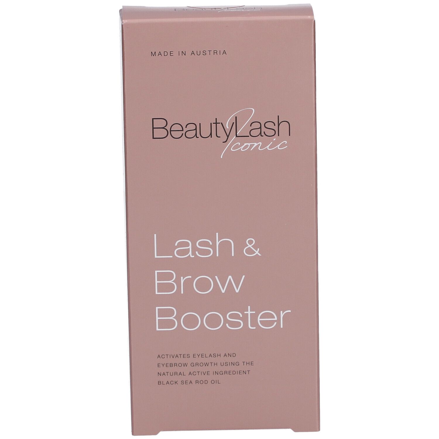 Boîte rose avec texte "BeautyLash iconic Lash & Brow Booster". Fabriqué en Autriche.