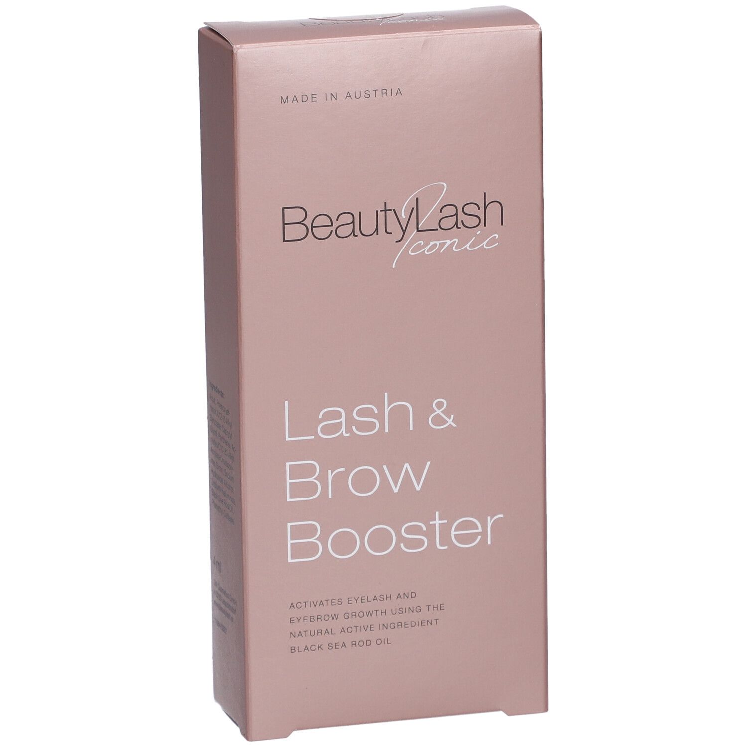 Boîte rose avec texte "BeautyLash iconic Lash & Brow Booster". Fabriqué en Autriche.