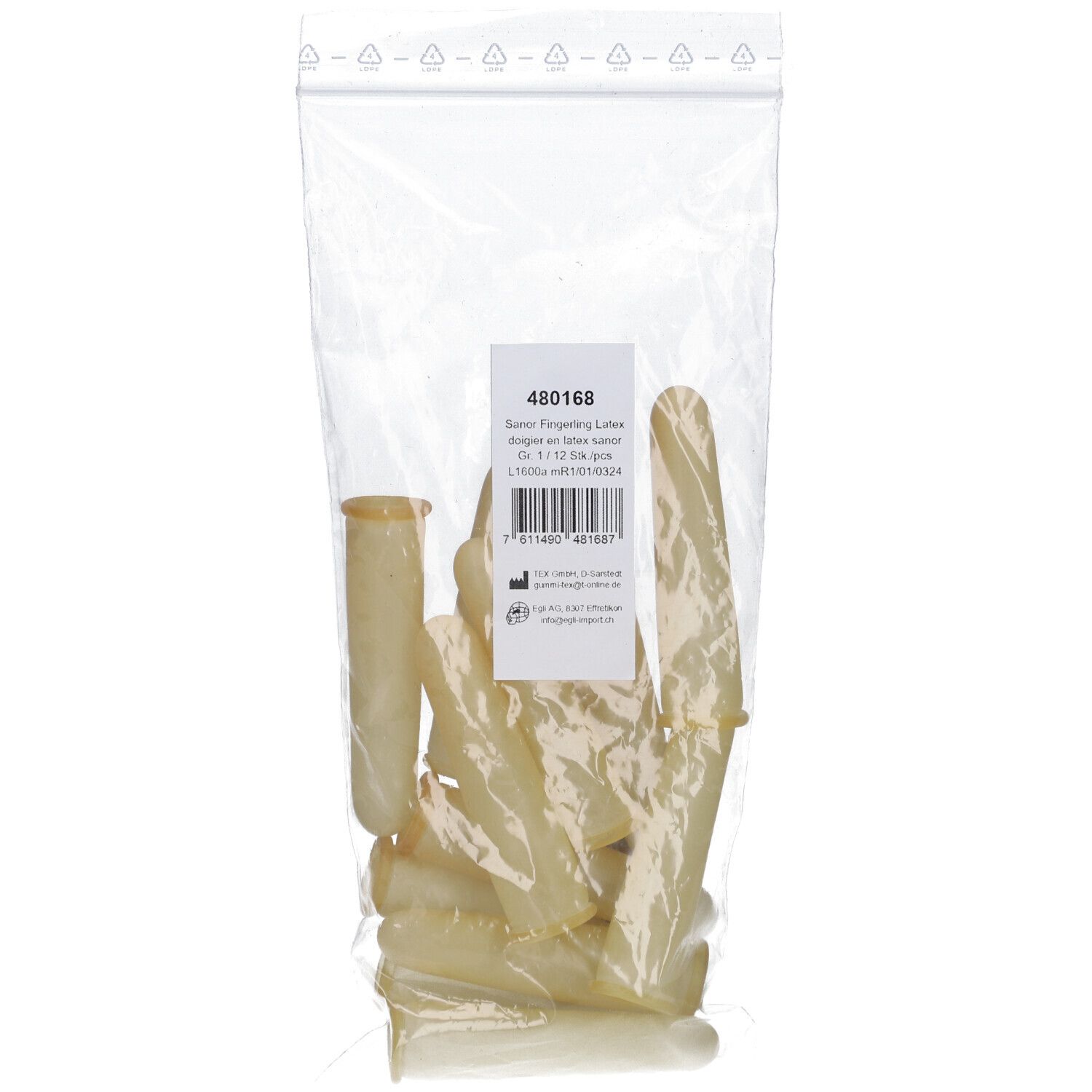 Doigtier en latex dans un emballage plastique. Informations imprimées sur l'emballage. Contenu : 12 pièces.