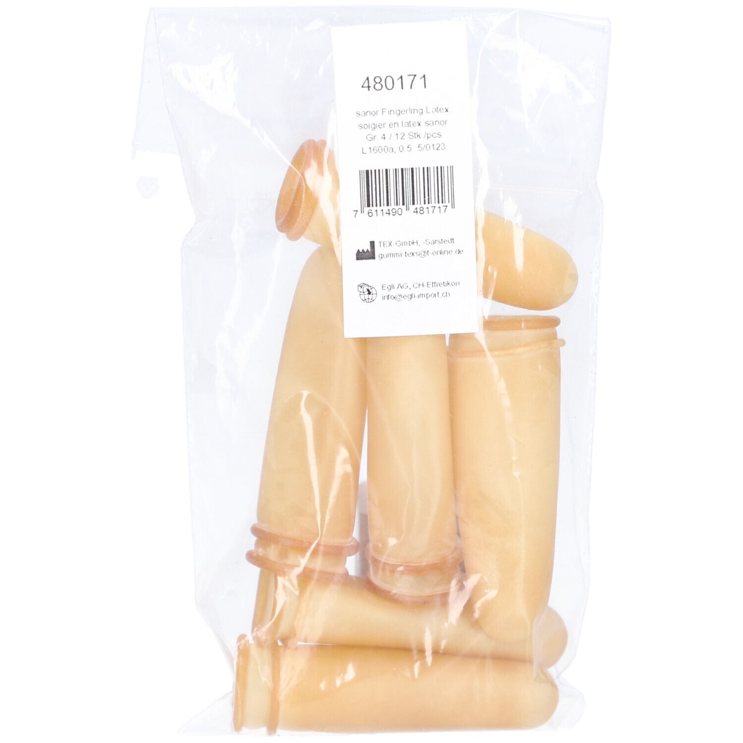 Doigtiers en latex dans un emballage transparent. Plusieurs doigtiers sont visibles. Impression avec informations produit.