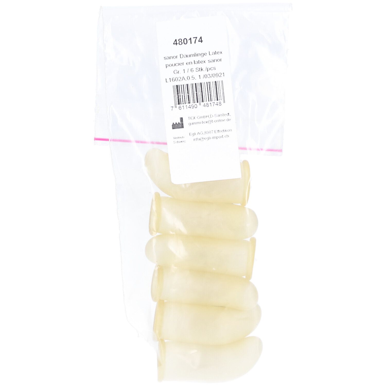 Doigtiers en latex dans un emballage plastique. 6 pièces. Inscription: SANOR Däumling Latex.