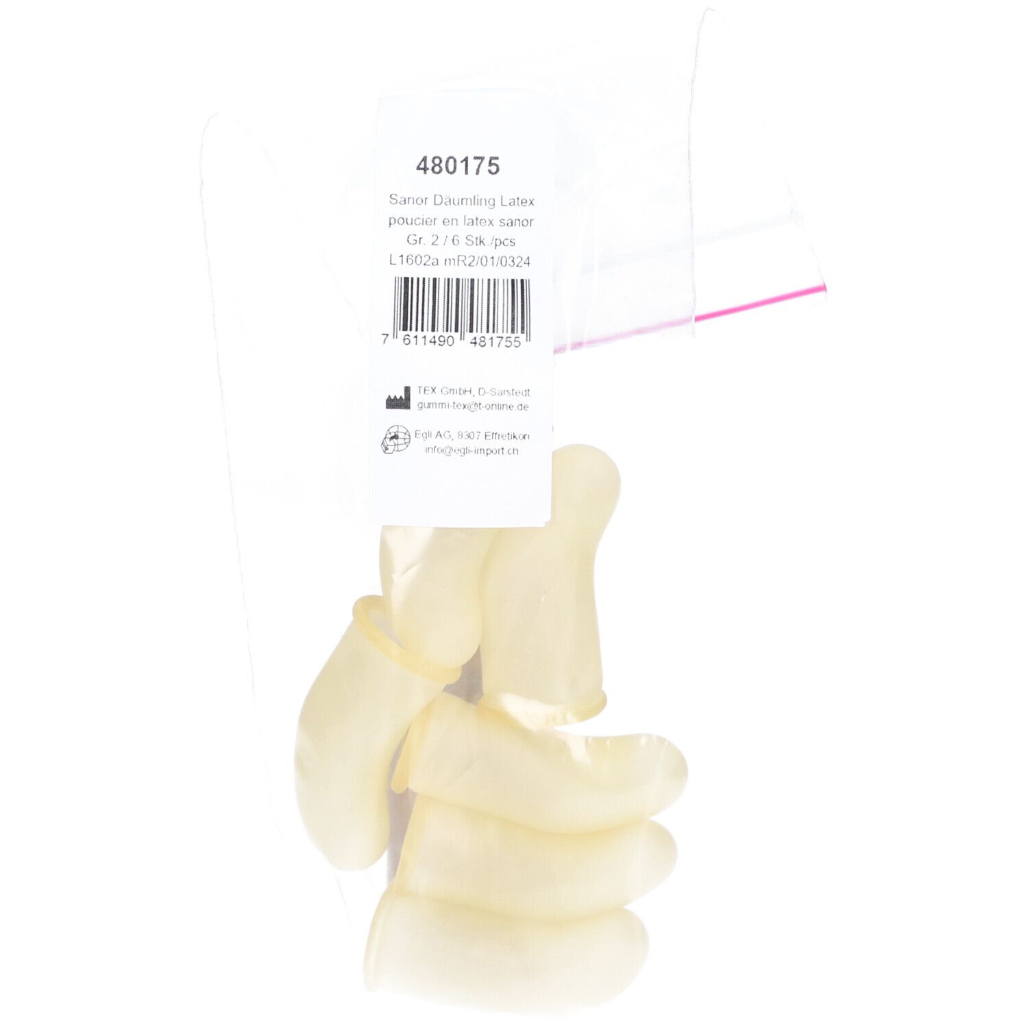Doigtiers en latex dans un emballage plastique. Nom du produit et informations sur l'étiquette. Six pièces.