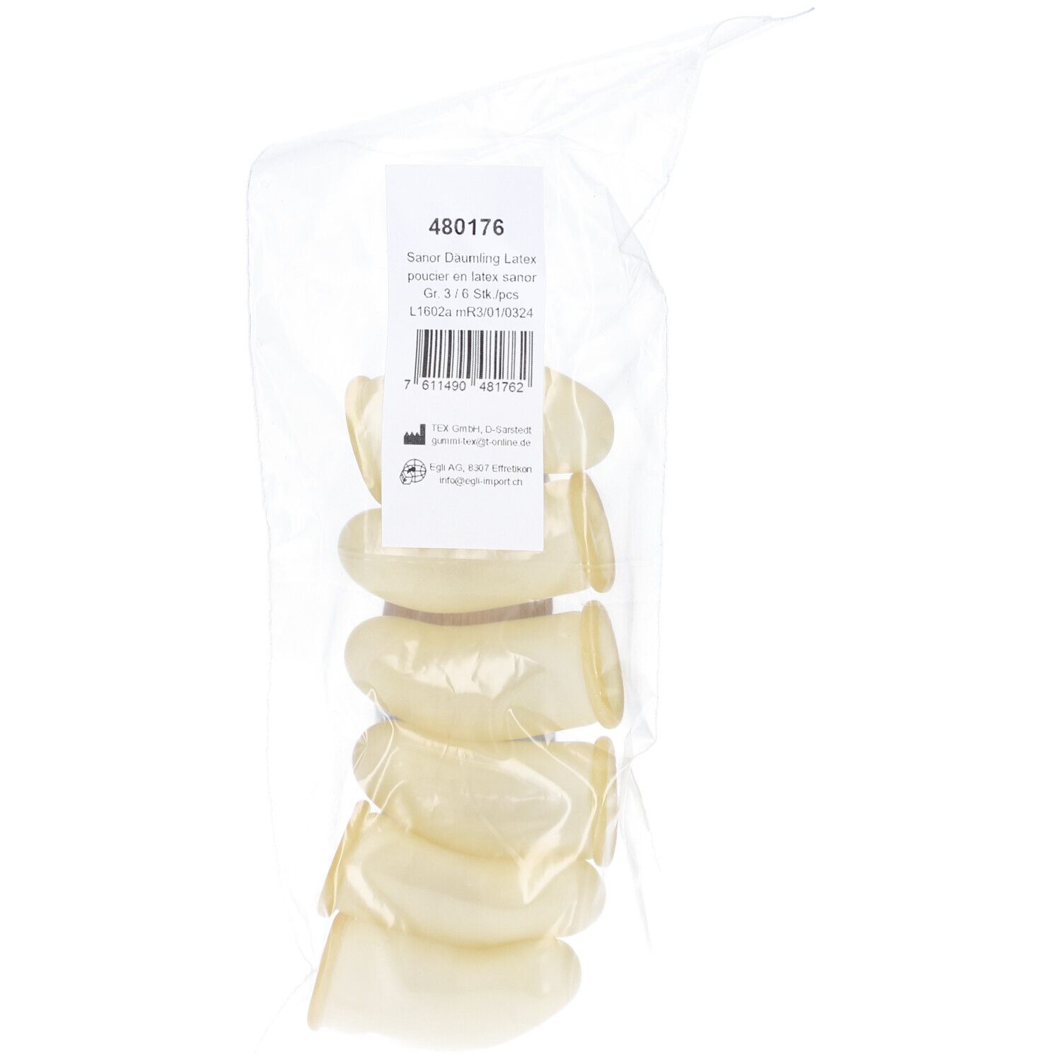 Gants en latex dans un sachet. Gr. 3, 6 pièces. Informations sur l'étiquette.