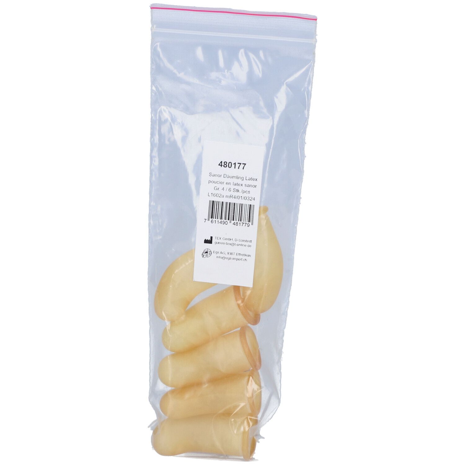 Doigtiers en latex dans un sachet plastique. Six pièces. Étiquette avec code-barres et informations.