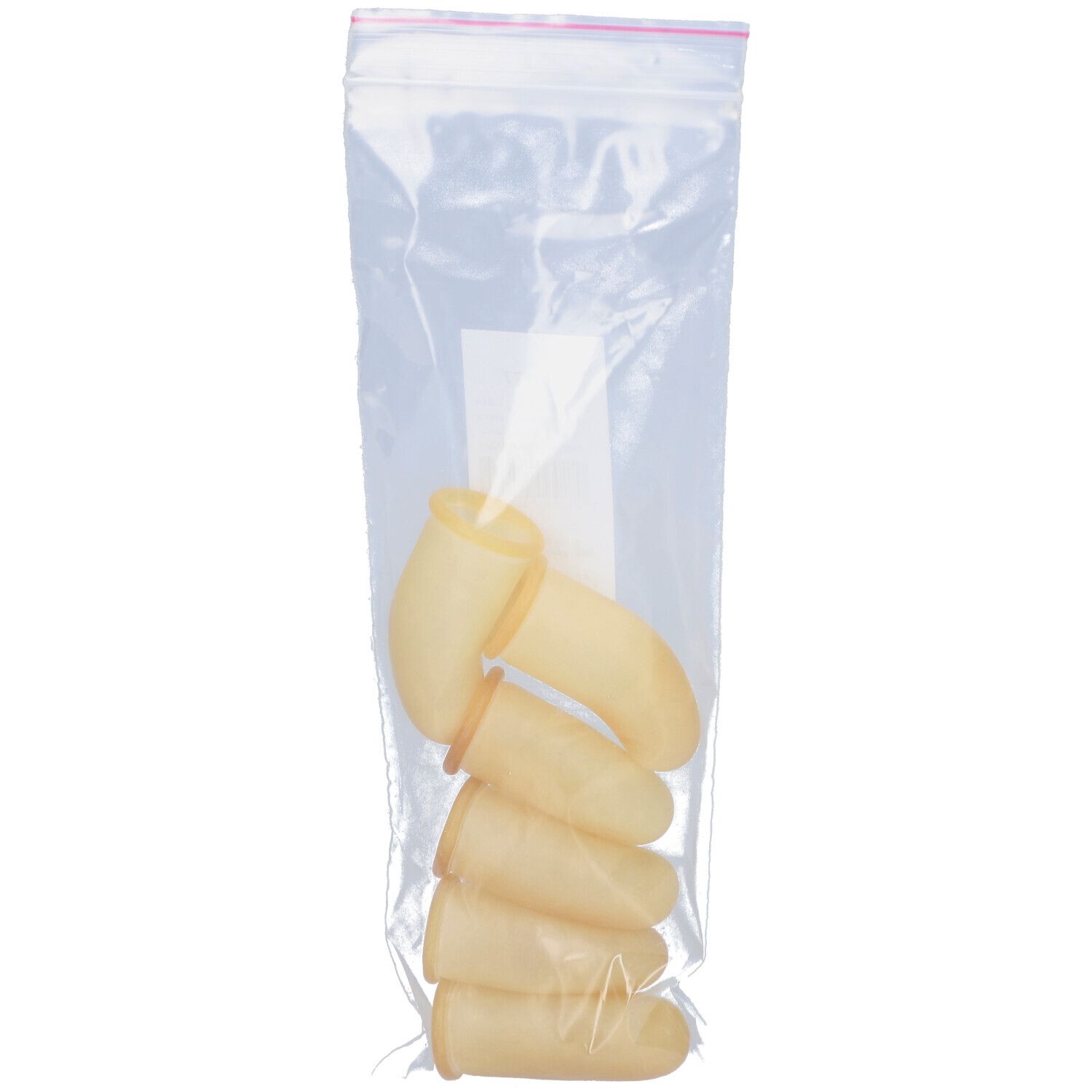 Doigtiers en latex dans un sachet plastique. Six pièces. Vue de dessus. Étiquette visible.