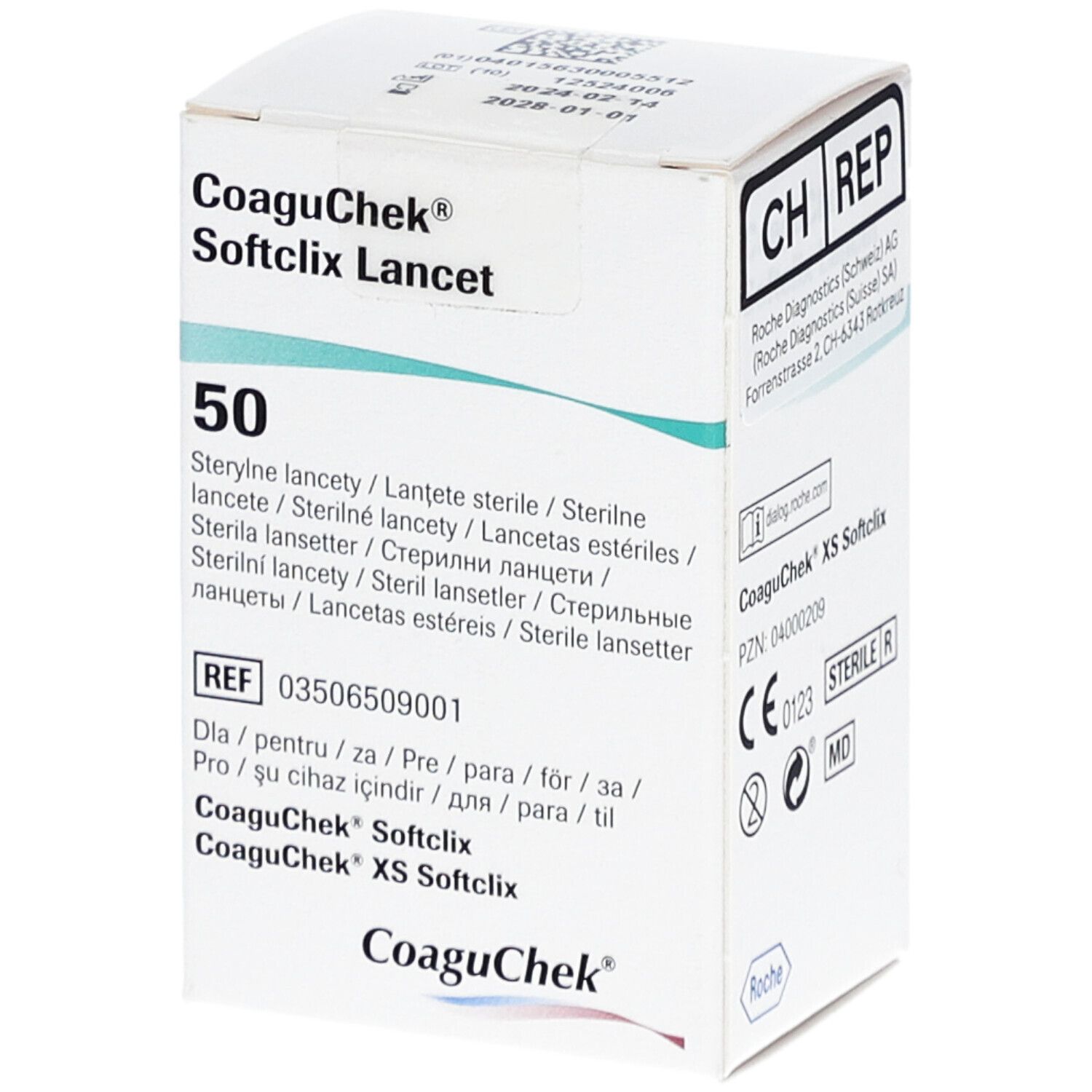 Boîte de lancettes stériles CoaguChek Softclix. Contient 50 lancettes. Marquage CE et numéro de lot visibles.