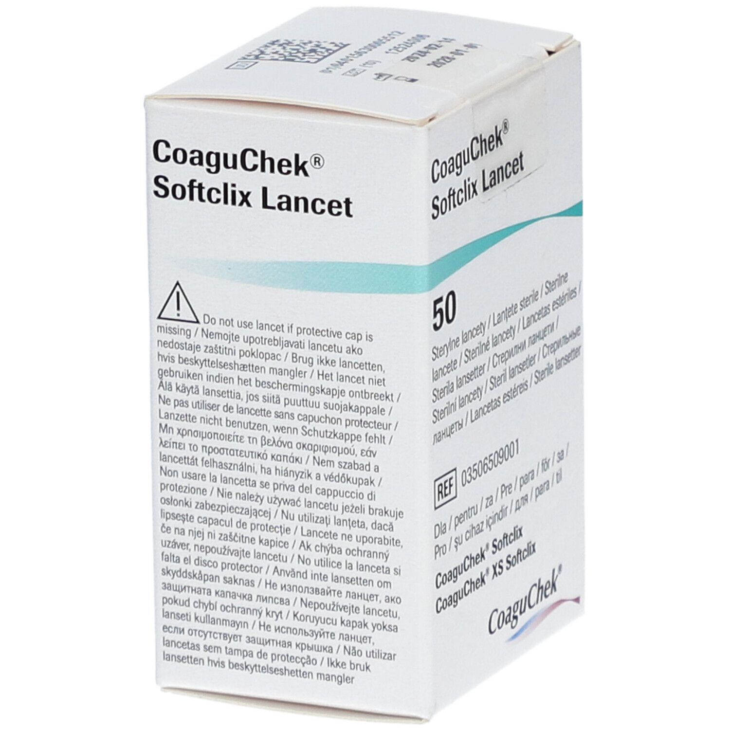 Boîte de lancettes CoaguChek Softclix. Contient 50 lancettes. Avertissement: Ne pas utiliser sans capuchon de protection.