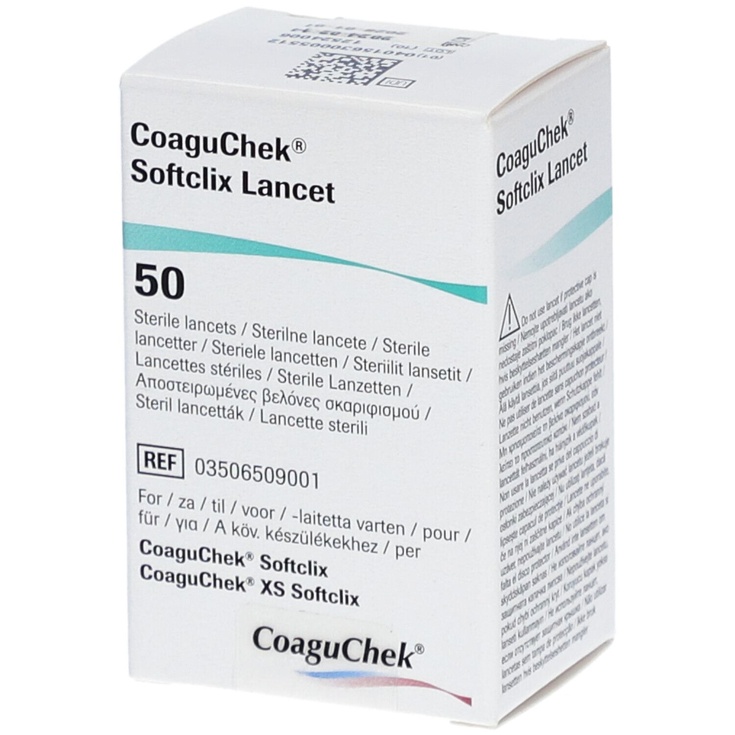Boîte de lancettes CoaguChek Softclix. Contient 50 lancettes stériles. Informations sur le produit et le lot.