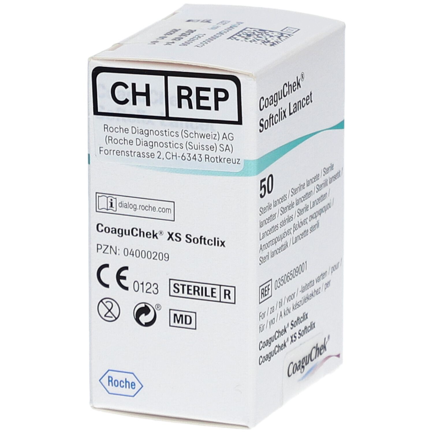 Boîte de lancettes CoaguChek XS Softclix. Contient 50 lancettes stériles. Marquage CE et adresse du fabricant.