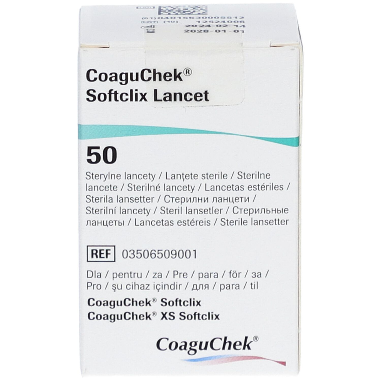 Boîte de lancettes CoaguChek Softclix. Contient 50 lancettes stériles. Informations produit et numéro de lot.