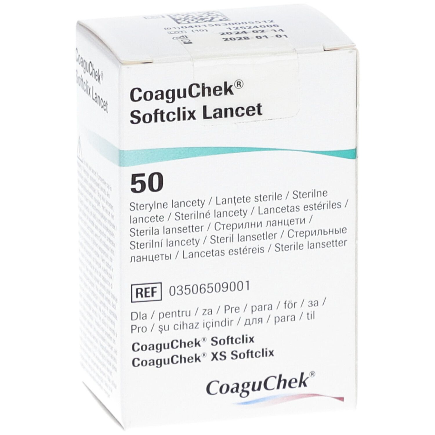 Boîte de lancettes CoaguChek Softclix. Contient 50 lancettes stériles. Informations produit et numéro de lot.