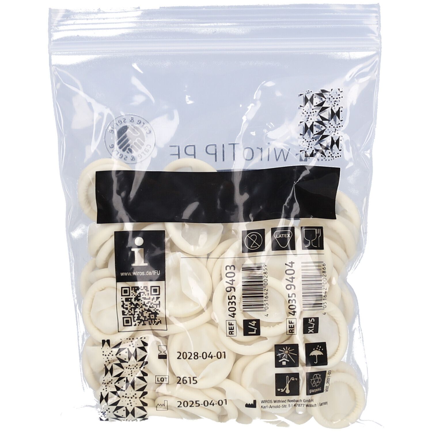 Sachet de doigtiers en latex. Doigtiers visibles, code QR, numéro de lot et date de péremption.