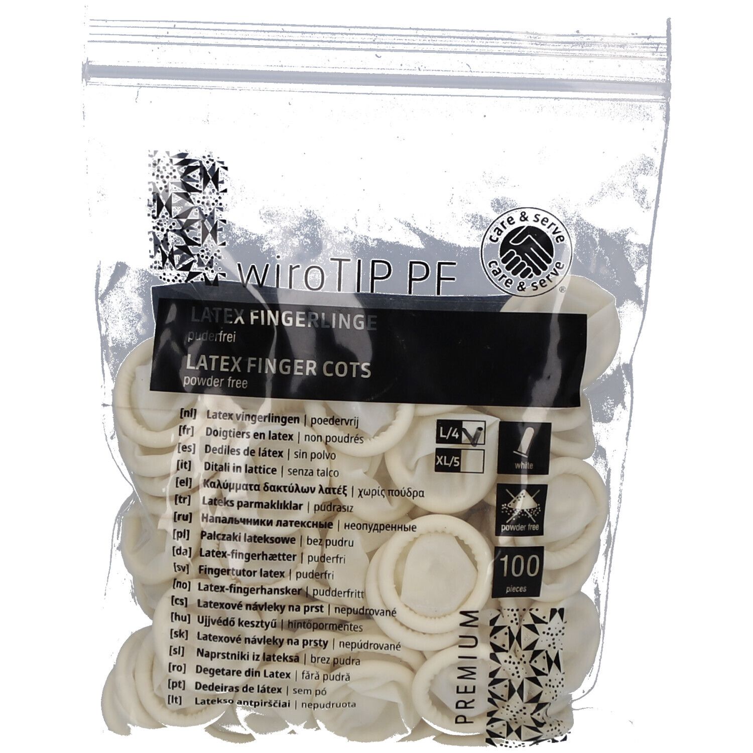 Sachet de doigtiers en latex. Inscriptions: doigtiers en latex, indication de taille, 100 pièces.