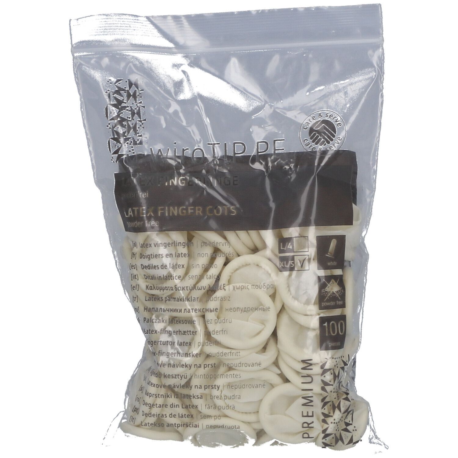 Sachet de doigtiers en latex. 100 pièces. Emballage transparent avec informations produit.