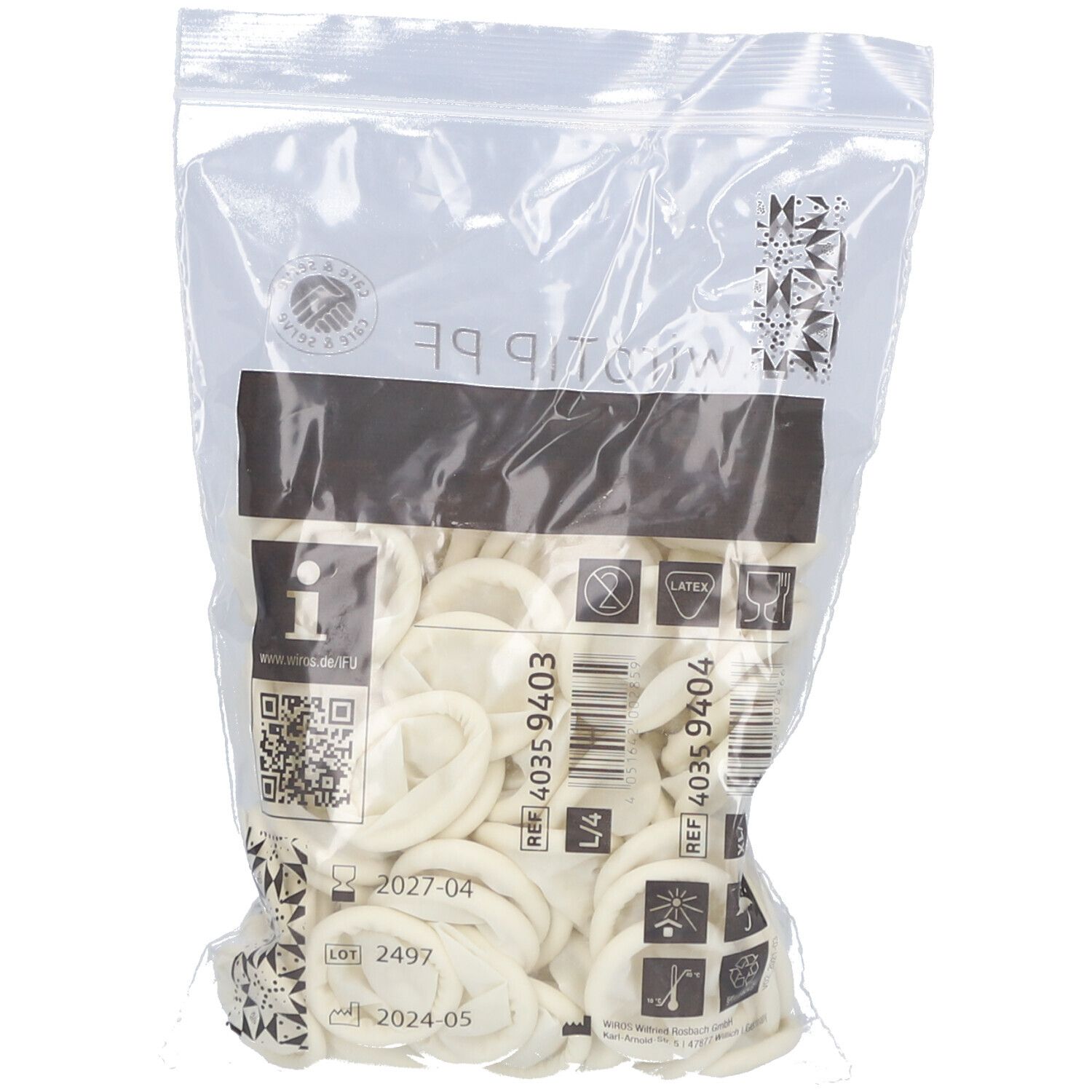 Sachet de doigtiers en latex. Emballage transparent. Informations produit et numéro de lot.