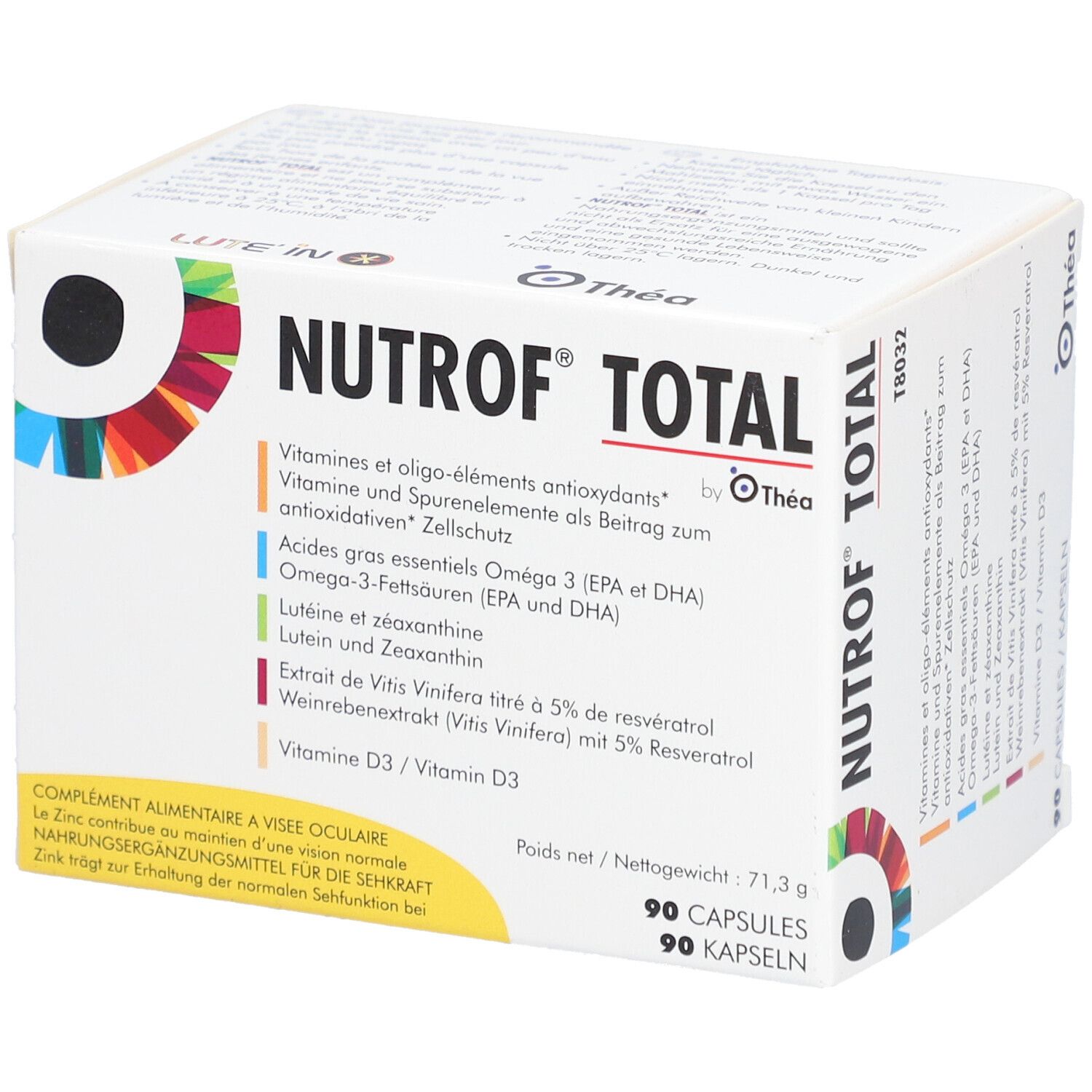 Boîte blanche NUTROF TOTAL. Contient 90 gélules. Contient vitamines, acides gras oméga-3, lutéine et zéaxanthine.