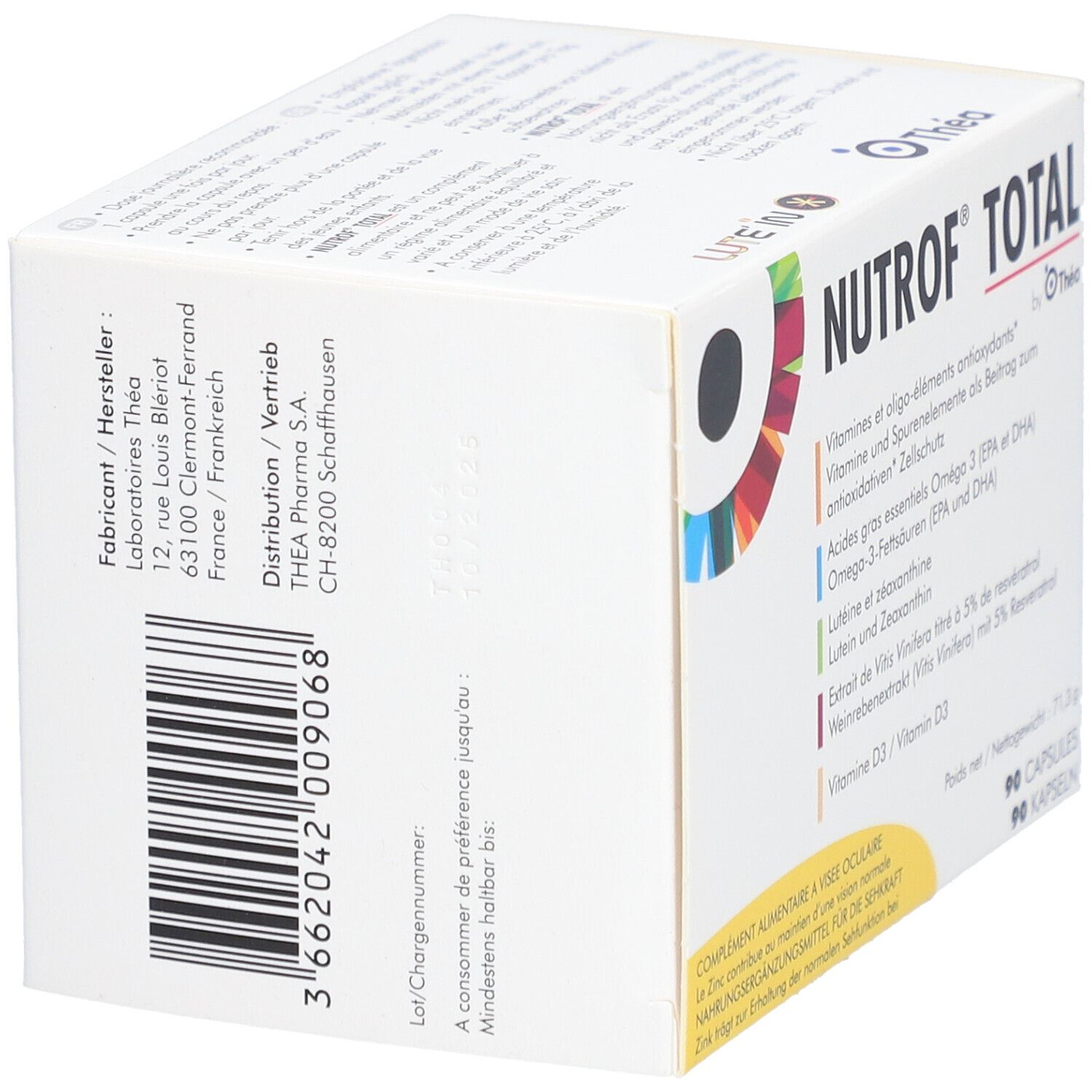 Boîte blanche avec informations produit. Adresse fabricant et distributeur. Contient 90 gélules. À consommer de préférence avant.