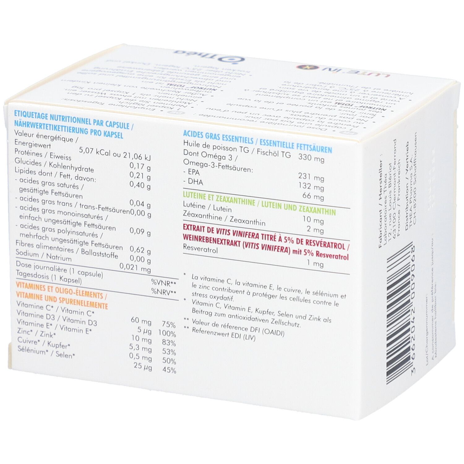 Boîte blanche avec informations nutritionnelles par gélule. Contient informations sur graisses, glucides, protéines et vitamines.