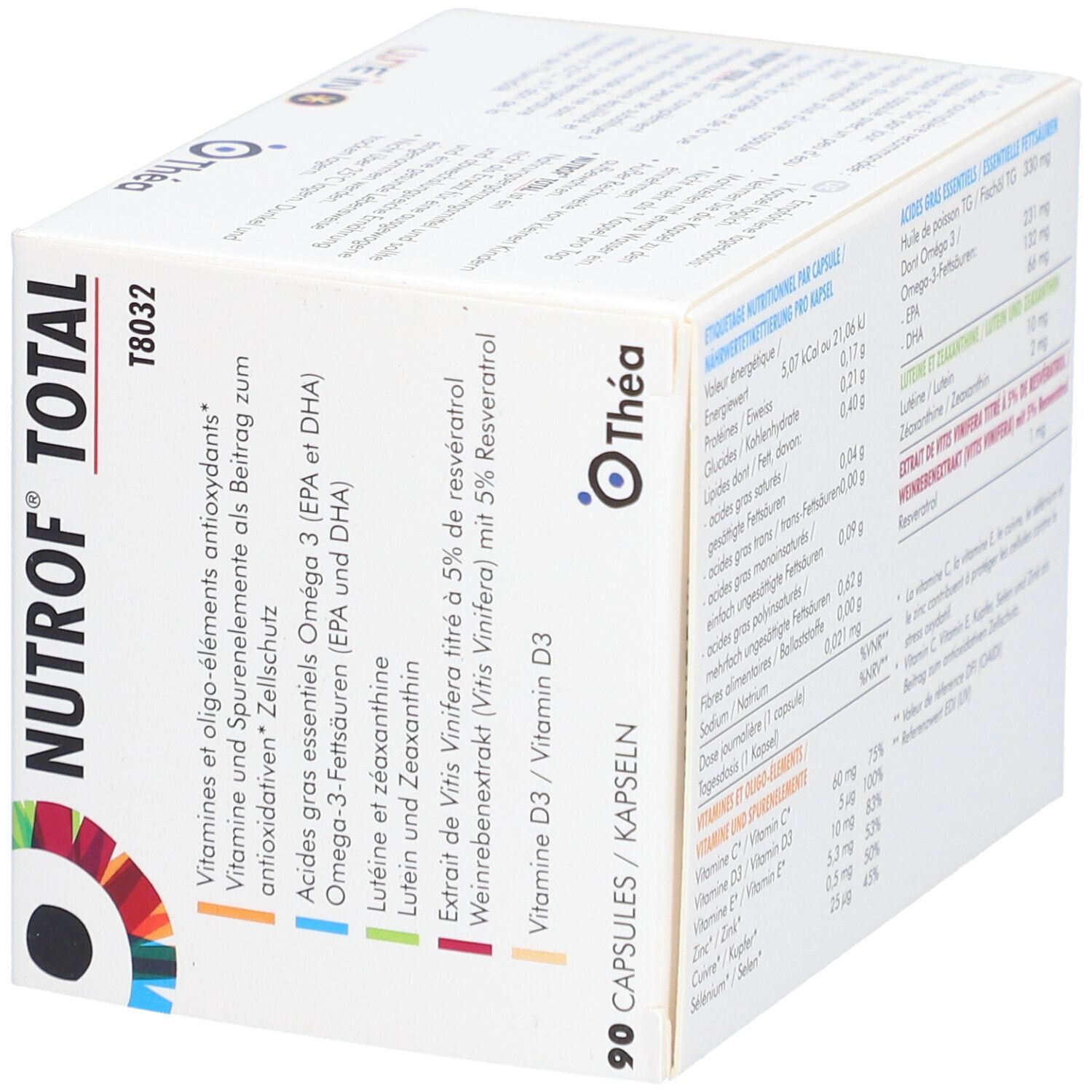 Boîte blanche NUTROF TOTAL. Contient 90 gélules. Contient vitamines, acides gras oméga-3, lutéine et zéaxanthine.