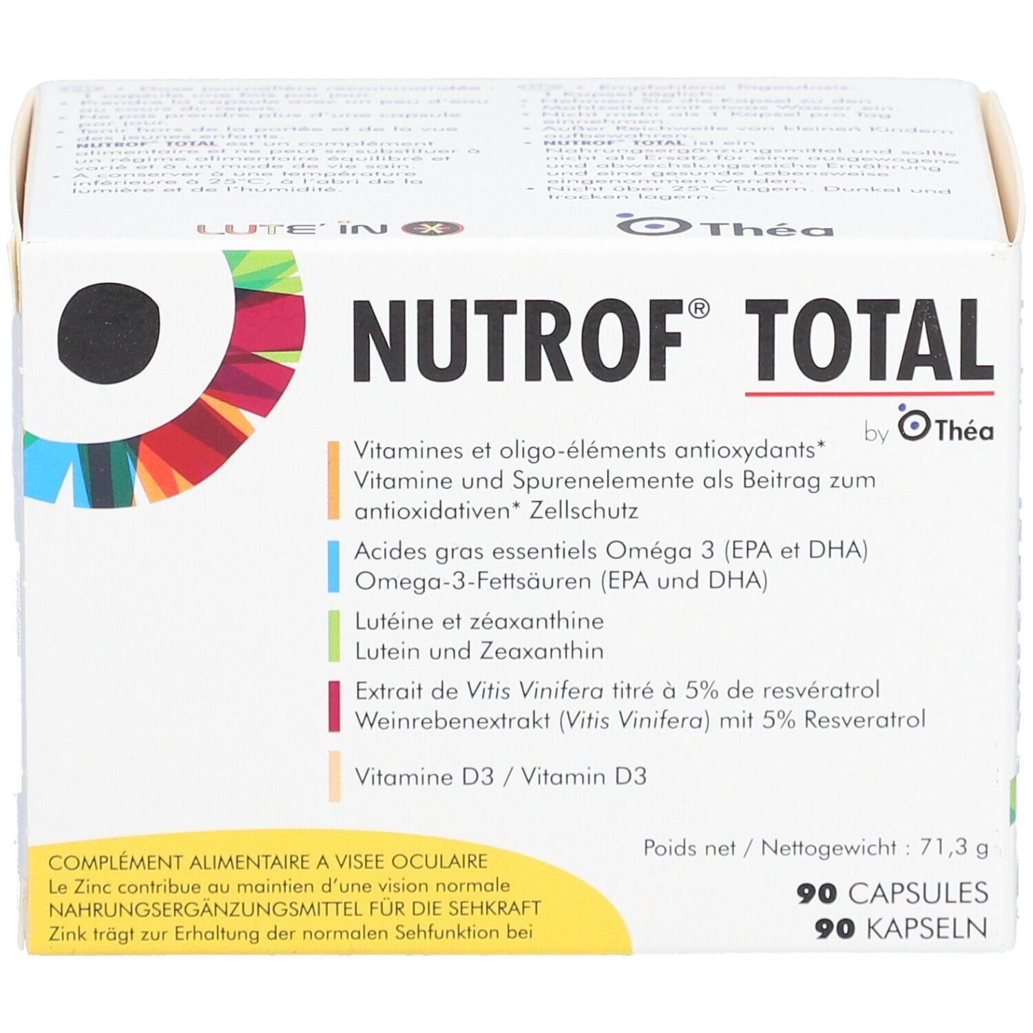 Boîte blanche NUTROF TOTAL. Contient 90 gélules. Contient vitamines, acides gras oméga-3, lutéine et zéaxanthine.