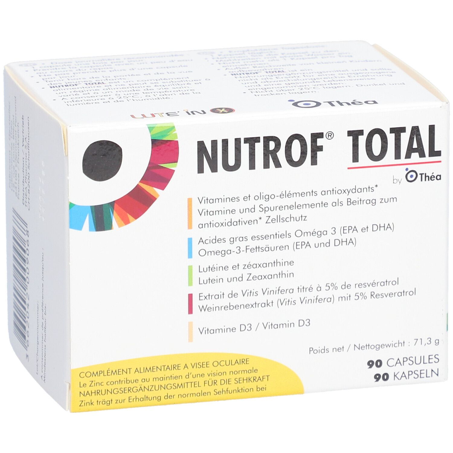 Boîte blanche NUTROF TOTAL. Contient 90 gélules. Contient vitamines, acides gras oméga-3, lutéine et zéaxanthine.