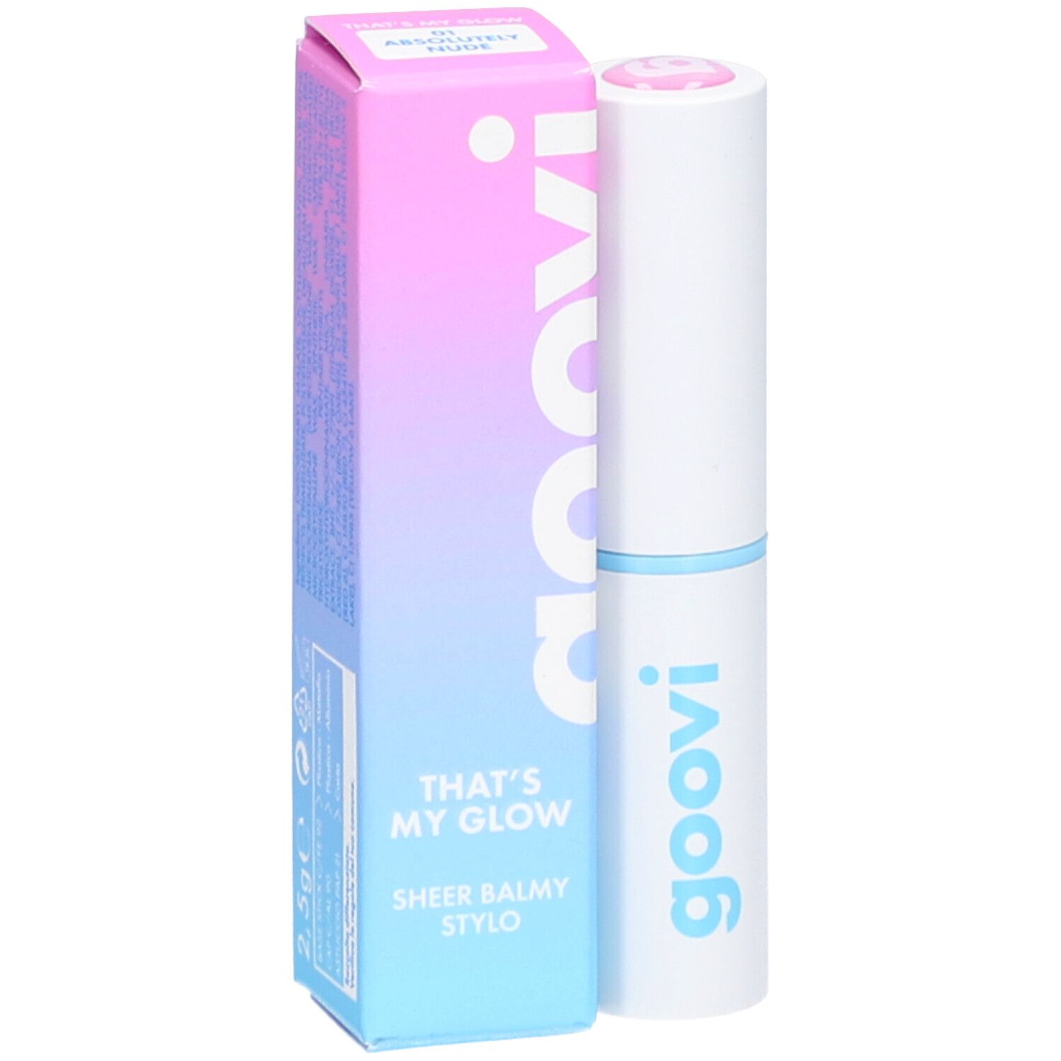 Goovi Sheer Balmy Stylo dans un tube blanc avec anneau bleu. Boîte en carton dégradé.