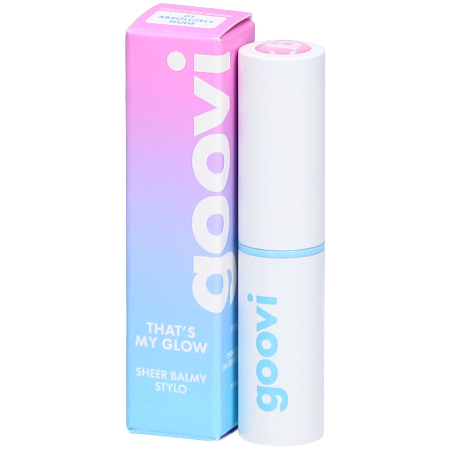 Goovi Sheer Balmy Stylo dans un tube blanc avec anneau bleu et capuchon rose. Boîte avec dégradé de couleurs.