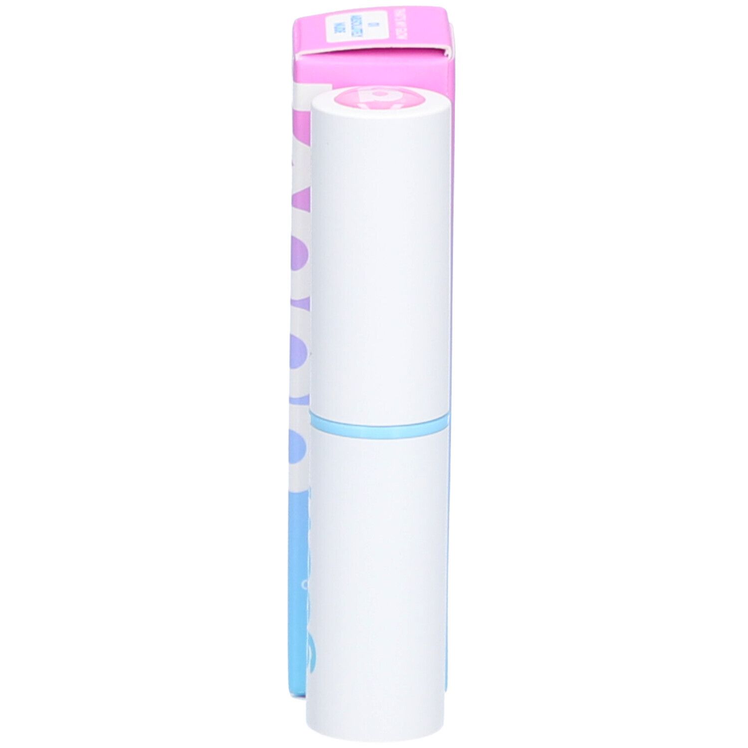 Bâton blanc avec emballage bleu et rose, motif circulaire.
