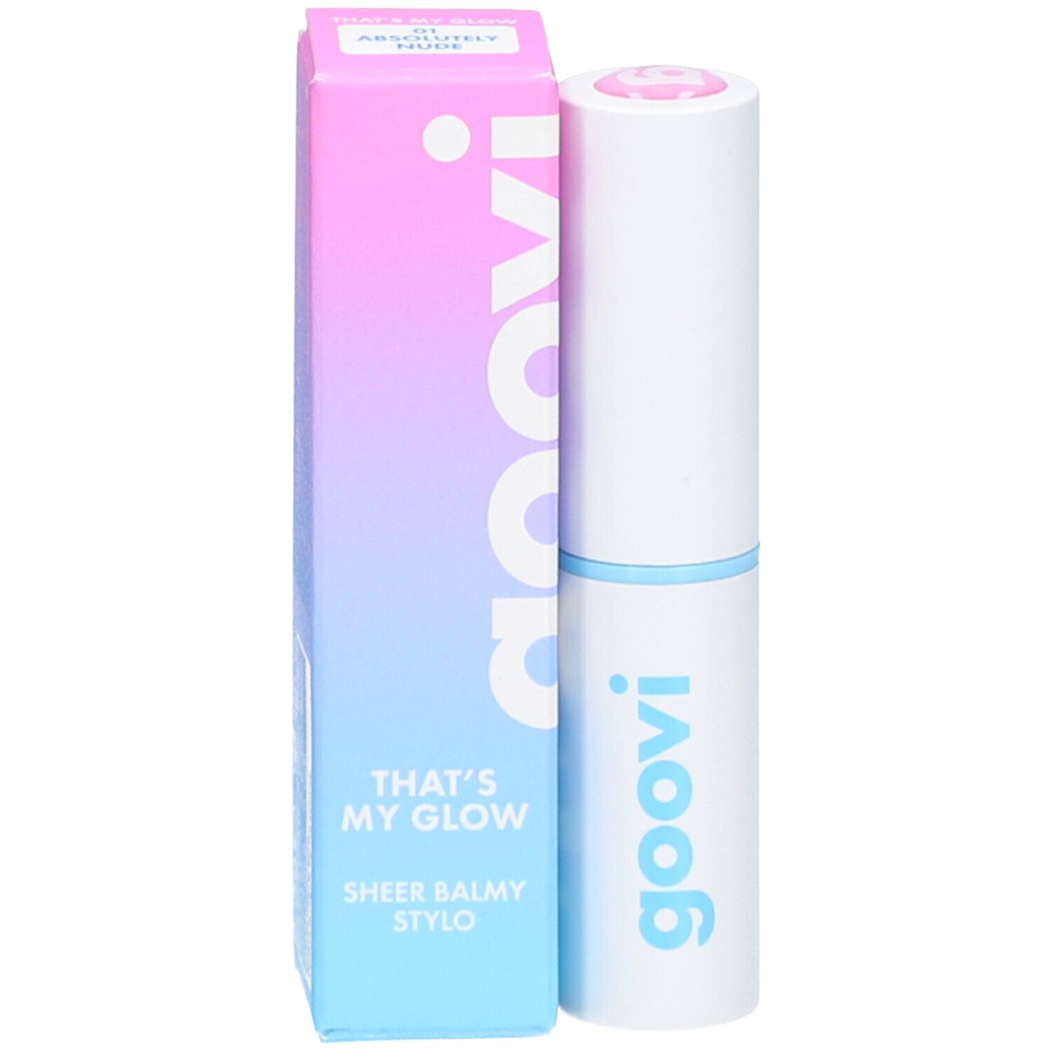Goovi Sheer Balmy Stylo dans un tube blanc avec un anneau bleu. À côté, l'emballage assorti avec un dégradé.