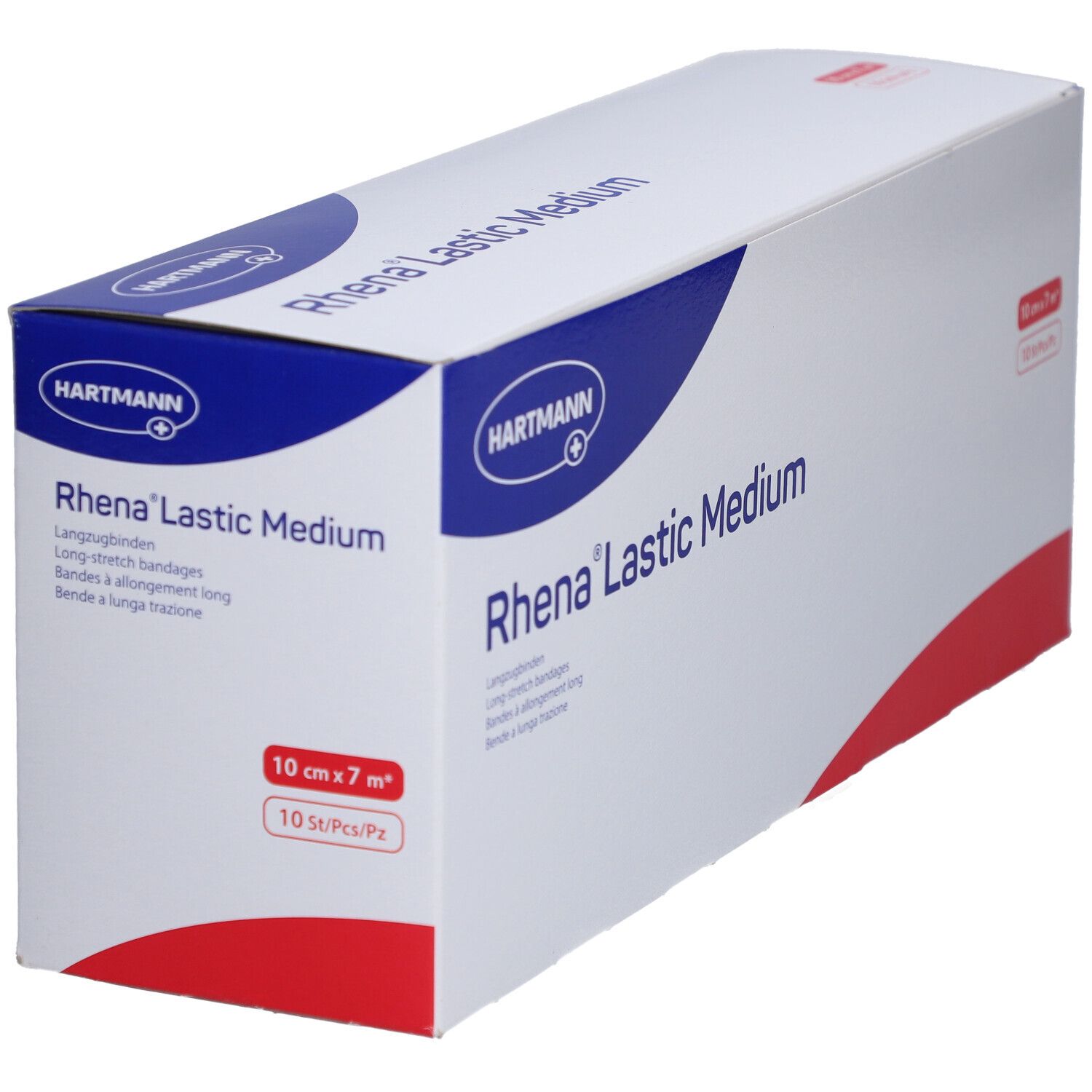 Emballage de HARTMANN Rhena® Lastic Medium. Inscription : 10 cm x 7 m, 10 pièces. Vue en perspective.