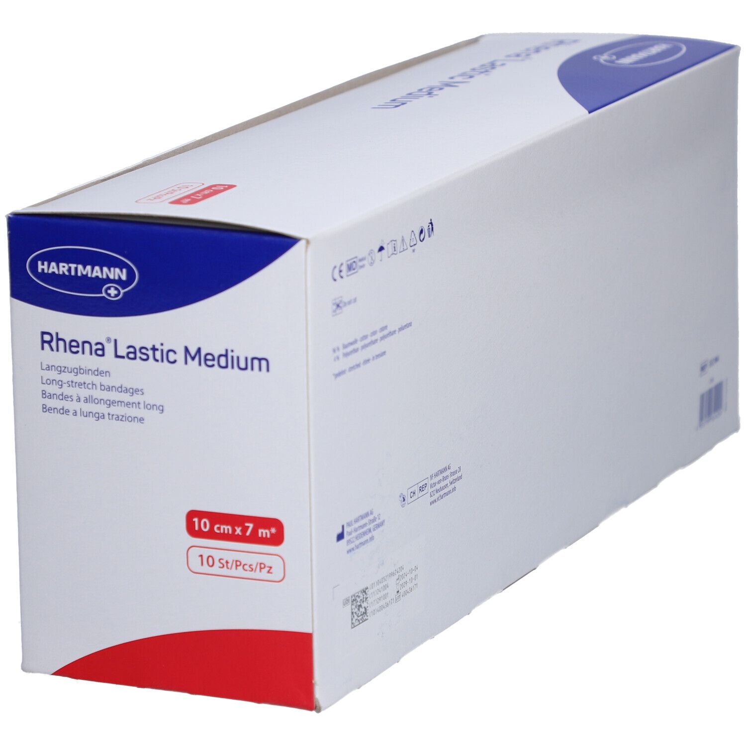 Emballage de HARTMANN Rhena® Lastic Medium. Inscription : 10 cm x 7 m, 10 pièces. Vue en perspective.