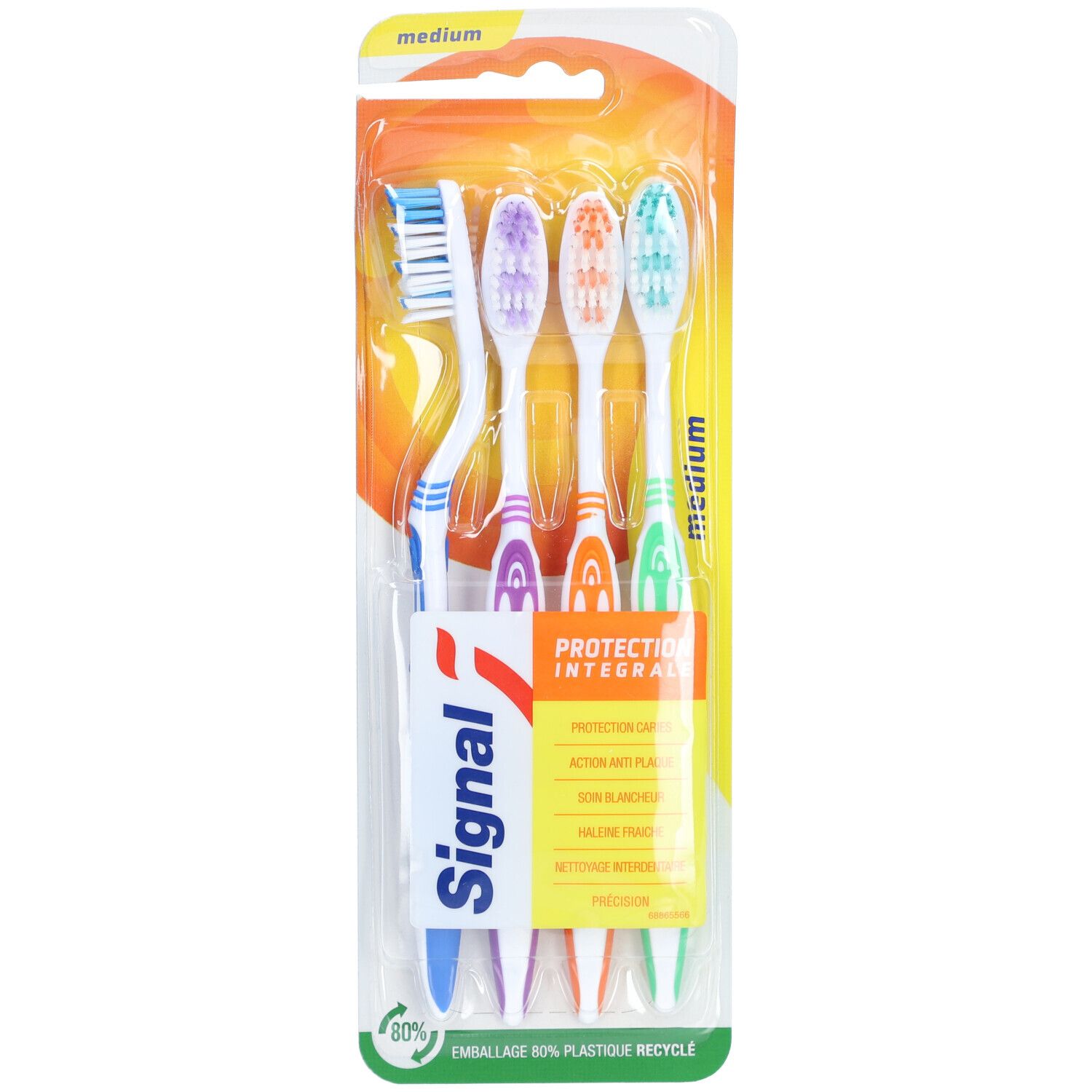Paquet de quatre brosses à dents. Manches blanches, bleues, violettes, orange et vertes. Logo "Signal". "Medium".