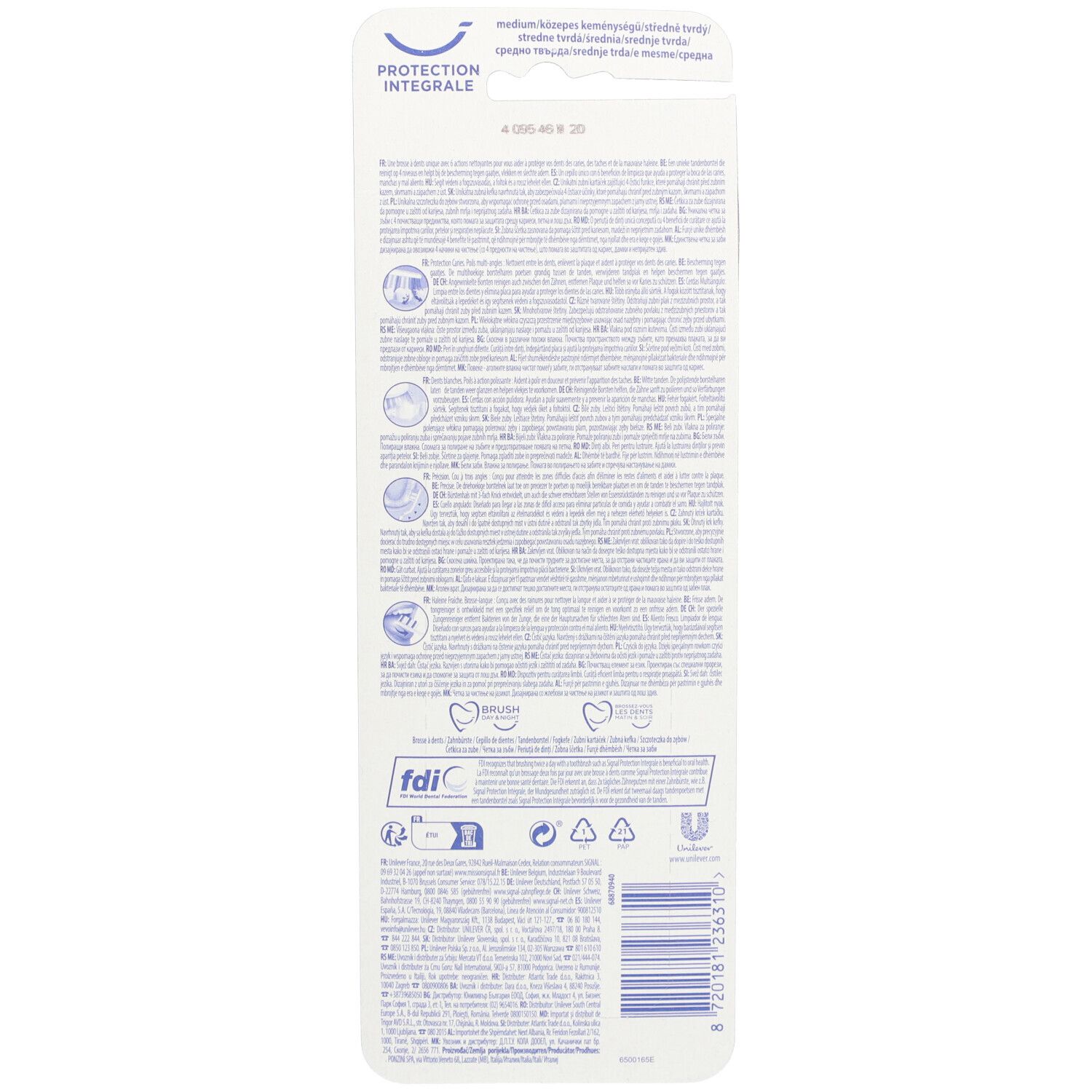 Dos du paquet de brosses à dents. Texte multilingue. Informations sur l'entretien du produit et le recyclage.