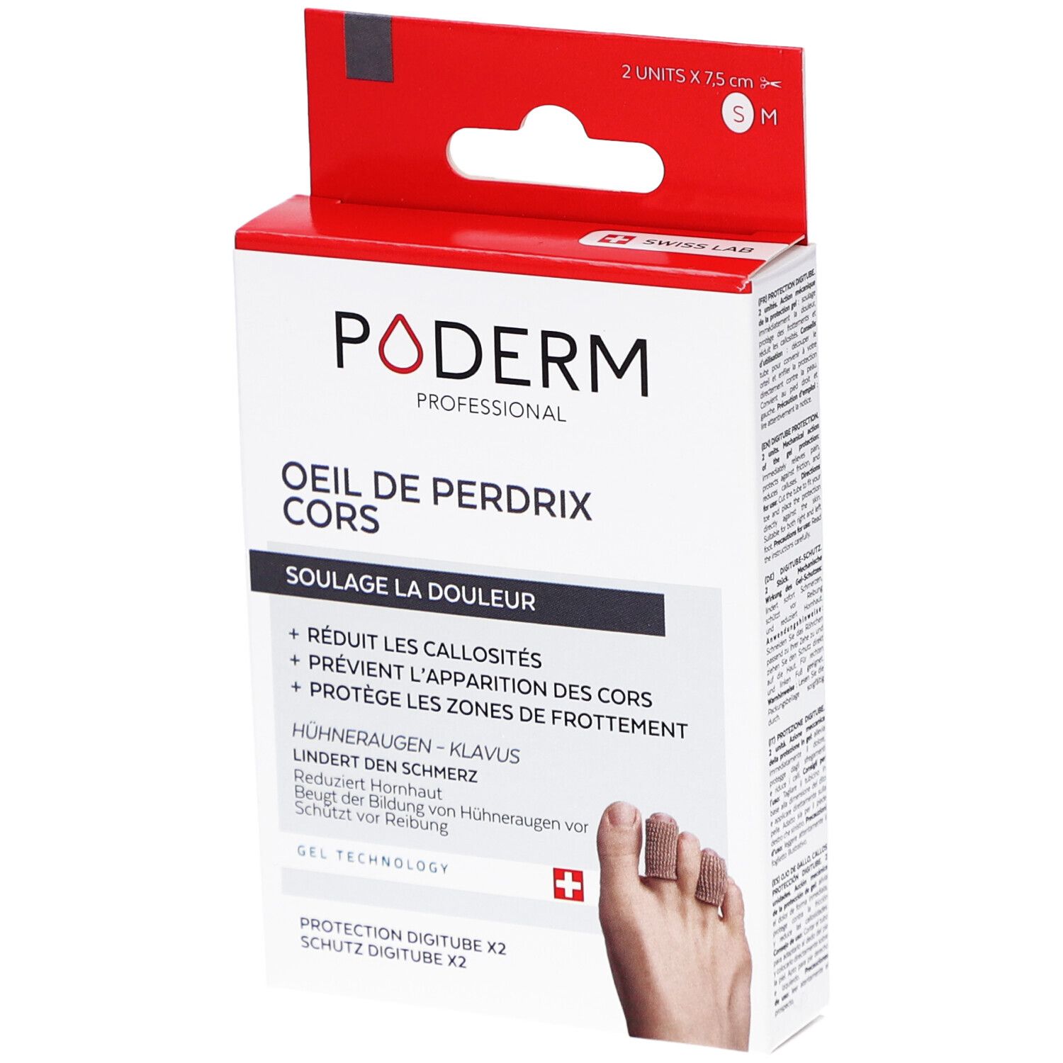 Boîte de Poderm Protection digitube. Contient deux unités. Texte: Oeil de perdrix cors, soulage la douleur, réduit les callosités.