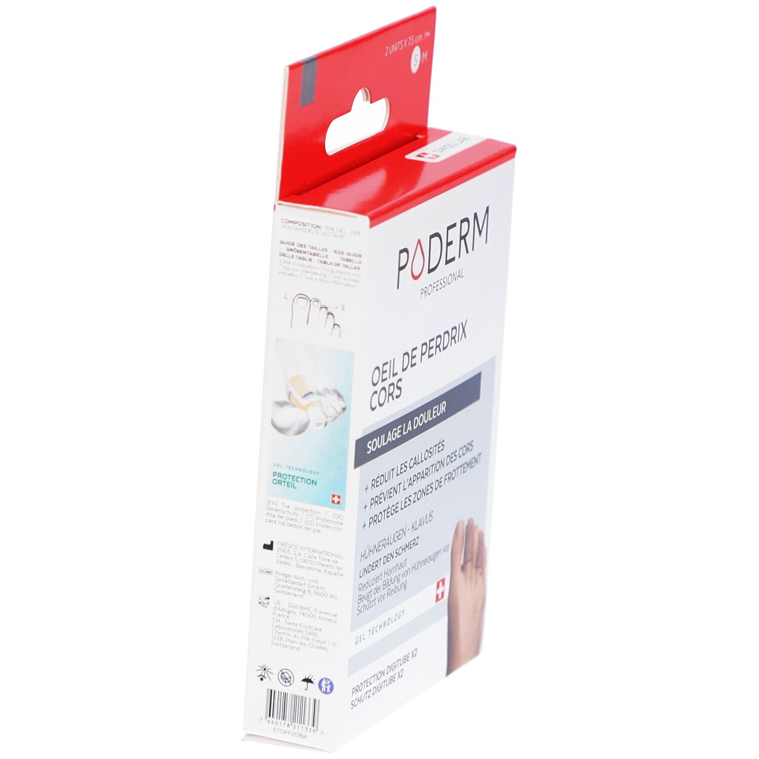 Vue latérale de la boîte Poderm Protection digitube. Texte: Oeil de perdrix cors, Swiss Lab, protection des orteils.