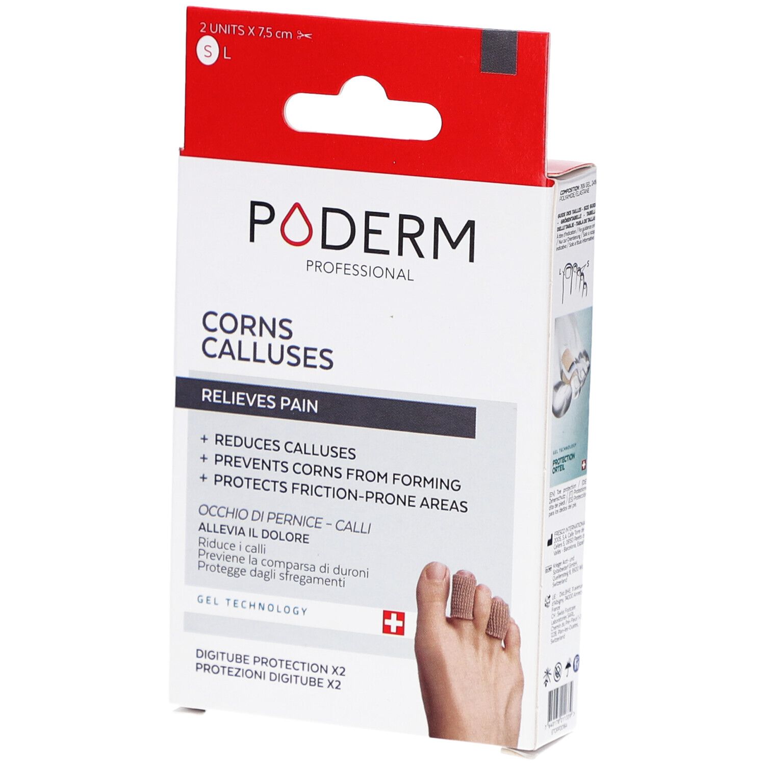 Boîte Poderm Protection digitube. Texte: Corns calluses, soulage la douleur, réduit les callosités, Swiss Lab.