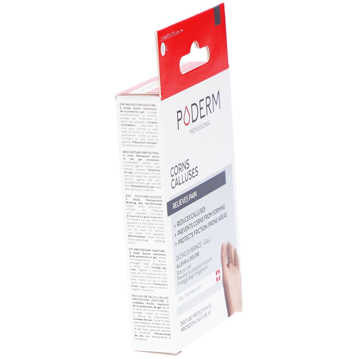 Vue latérale de la boîte Poderm Protection digitube. Texte: Corns calluses, soulage la douleur, Swiss Lab.