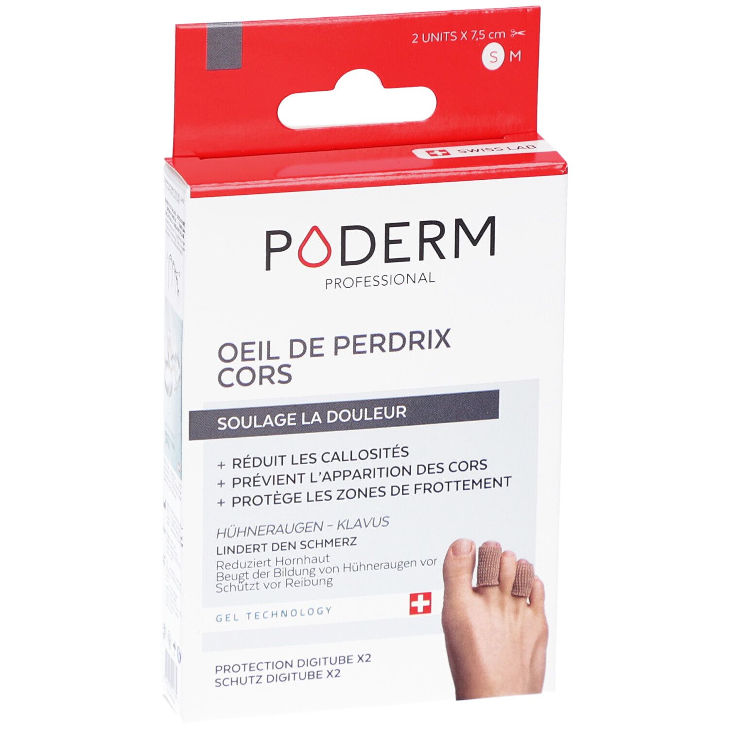 Boîte Poderm Protection digitube. Deux unités. Texte: Oeil de perdrix cors, soulage la douleur, Swiss Lab.