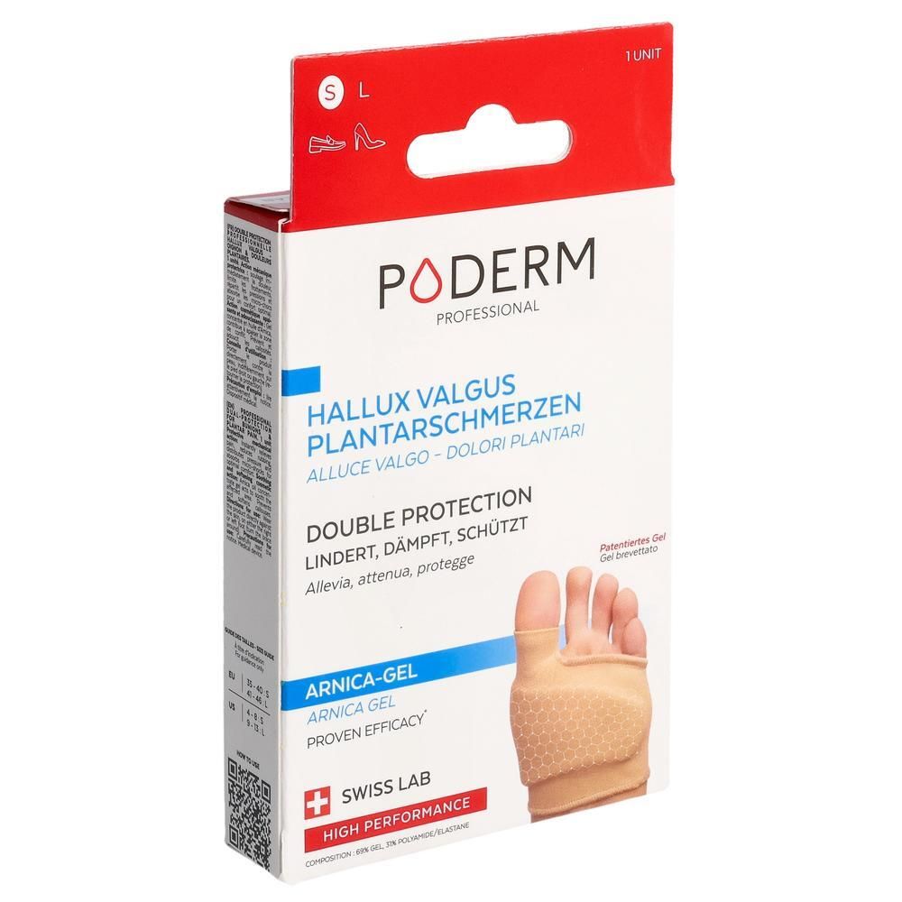 Boîte Poderm Hallux Valgus Double Protection Arnica Gel. Contient un gel pour pied taille S. Label Swiss Lab.
