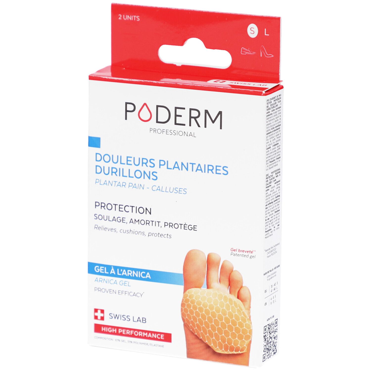 Boîte Poderm Gel-Pads. Inscription: douleurs plantaires, durillons, gel à l'arnica, Swiss Lab. Tailles S/L.
