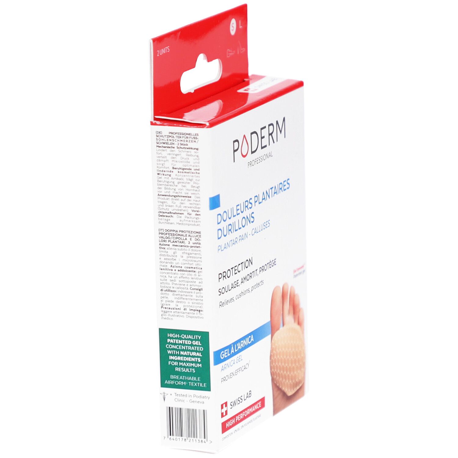 Vue latérale de la boîte Poderm. Texte: Poderm, douleurs plantaires, durillons, gel à l'arnica, Swiss Lab. Gel breveté.